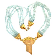 Retro 22K Yellow Gold Carved Quartz Roman Column & Blue Zircon Beaded Necklace