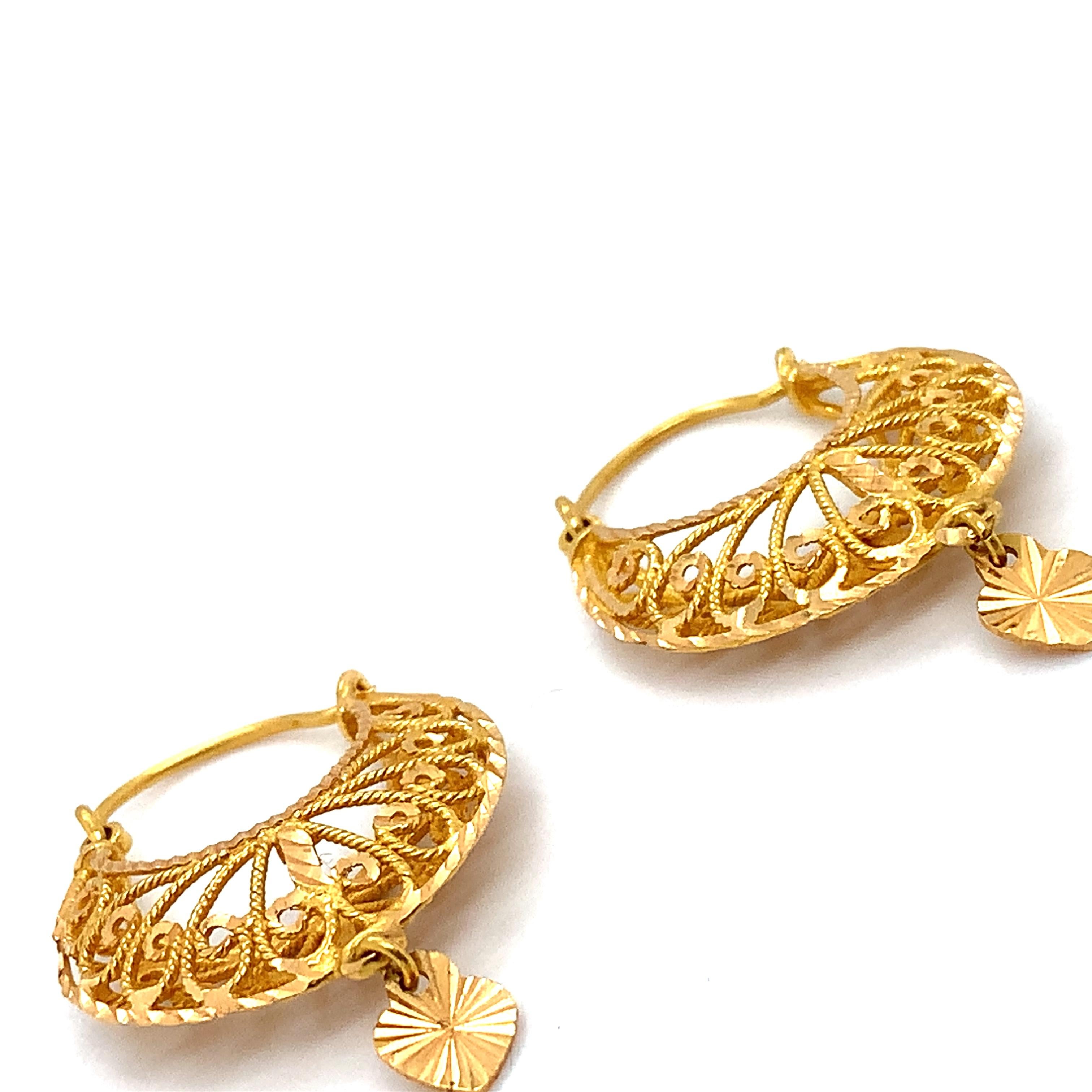 Women's or Men's 22k Yellow gold drop earrings Asian Art Deco For Sale