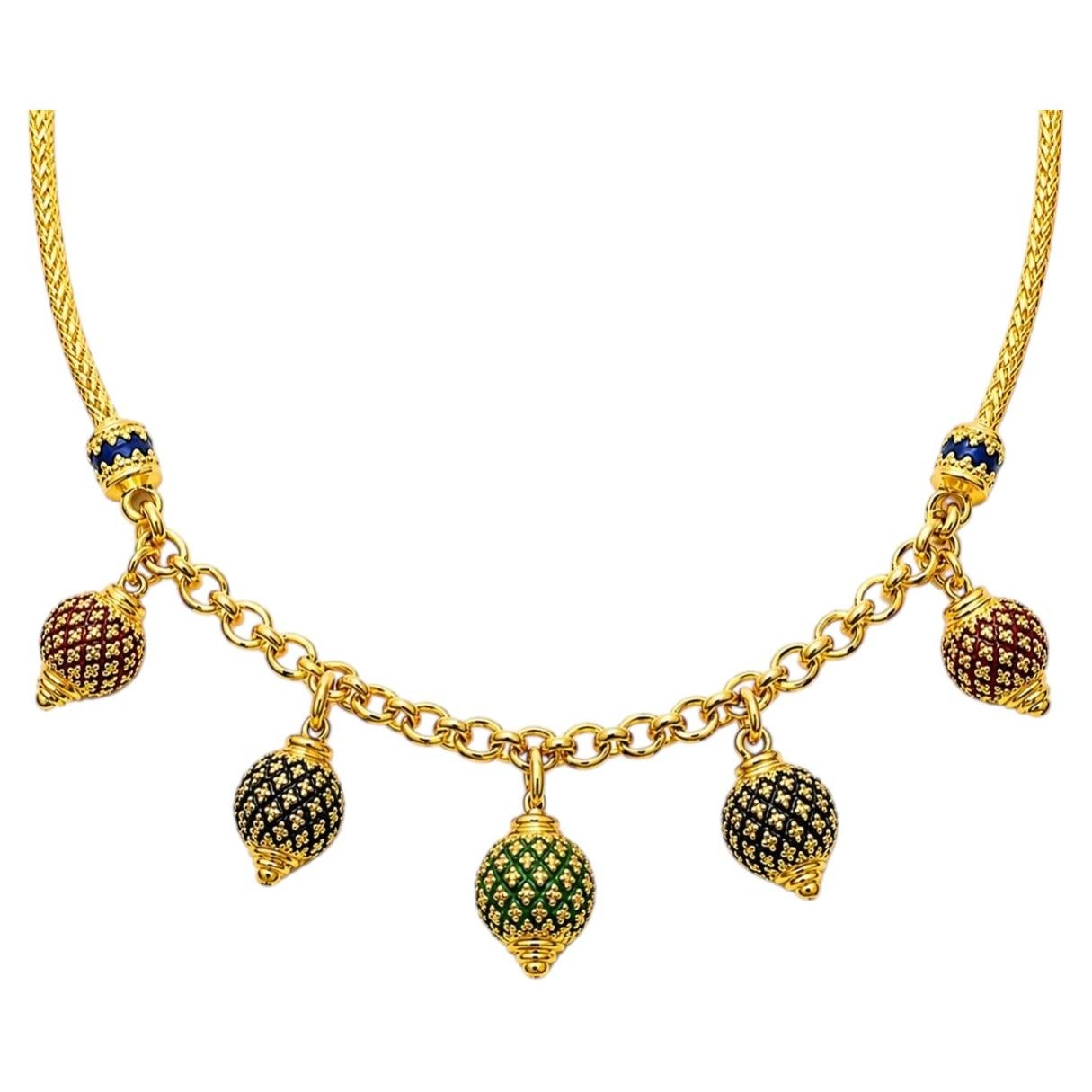 22K Yellow Gold Enamel Bead Necklace with Wheat Chain and Decorative Link 40.6gr For Sale