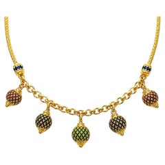 22K Yellow Gold Enamel Bead Necklace with Wheat Chain and Decorative Link 40.6gr