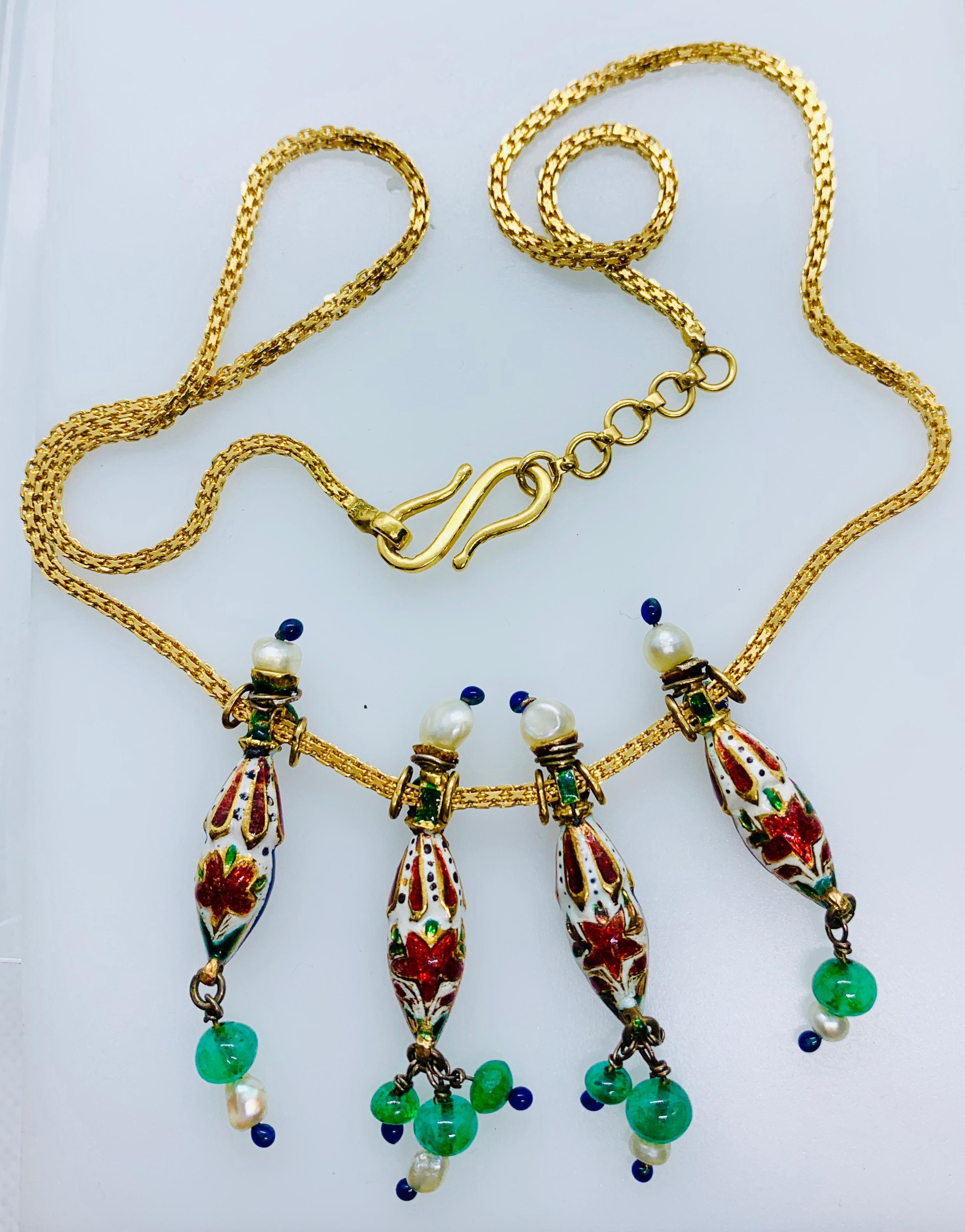 22 Karat Gold Enamel Diamond Emerald and Pearl Necklace Gene Tierney Estate 2