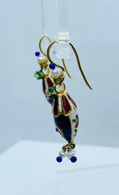 22 Karat Gold Enamel Pearl and Diamond Earrings from the Estate of Gene Tierney