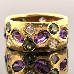 22K Yellow Gold Hammered Band Ring with Diamonds, Green Sapphires & Amethyst