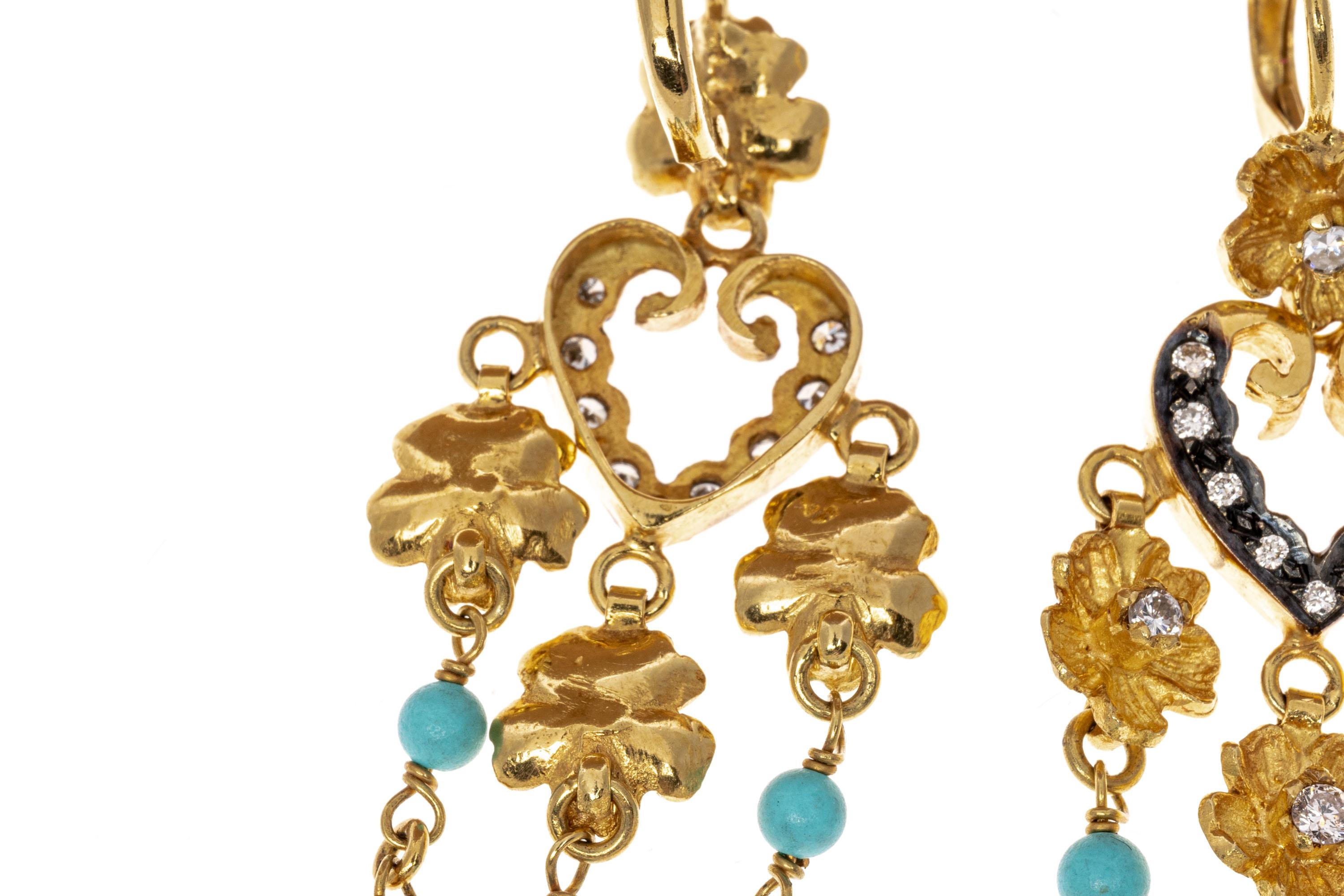 22k Yellow Gold Heart and Flower Diamond Drop Chandelier Style Earrings In Good Condition For Sale In Southport, CT
