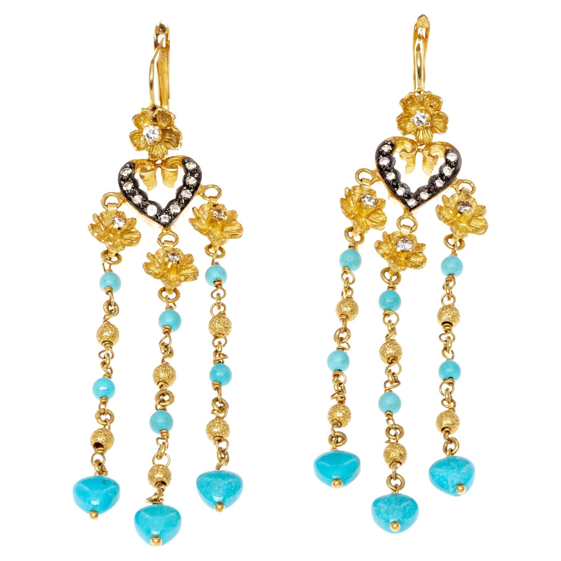 22k Yellow Gold Heart and Flower Diamond Drop Chandelier Style Earrings