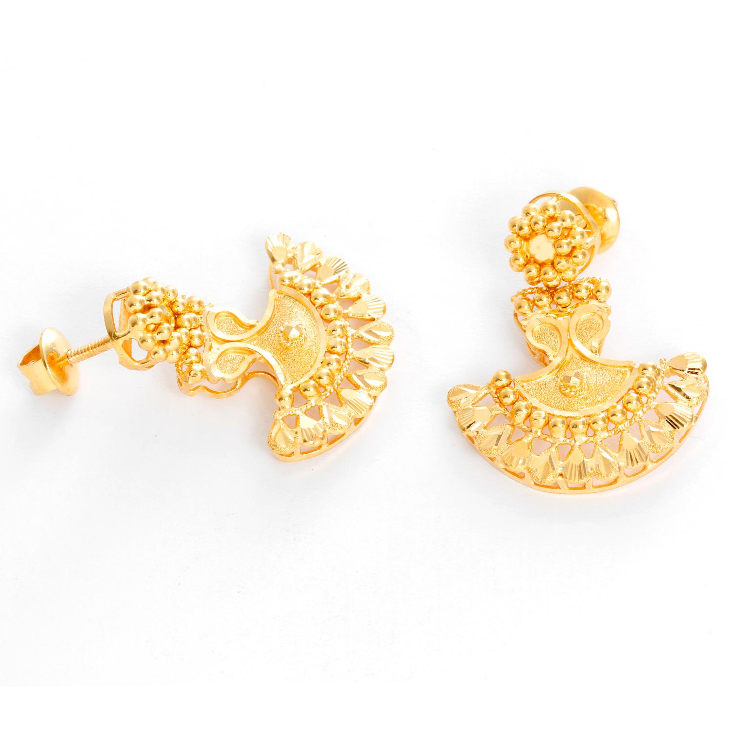 22K Yellow Gold Indian Earrings - Ornate Indian dangling earrings. 22K Yellow gold. 1 inch long. Stud back. Total weight 12.3 grams.