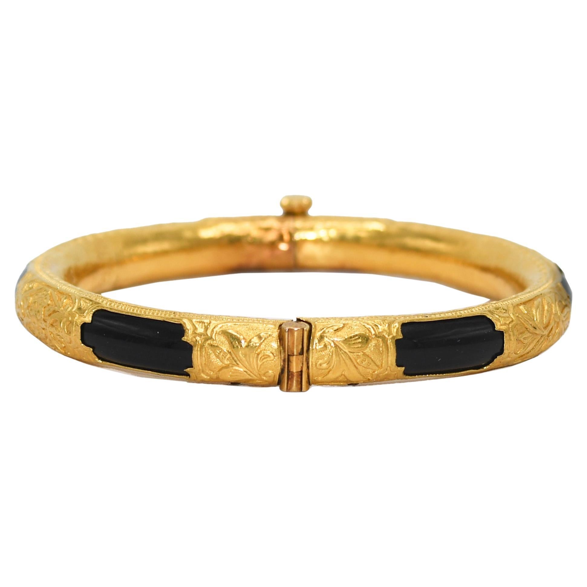 22k Yellow Gold & Onyx Bangle For Sale