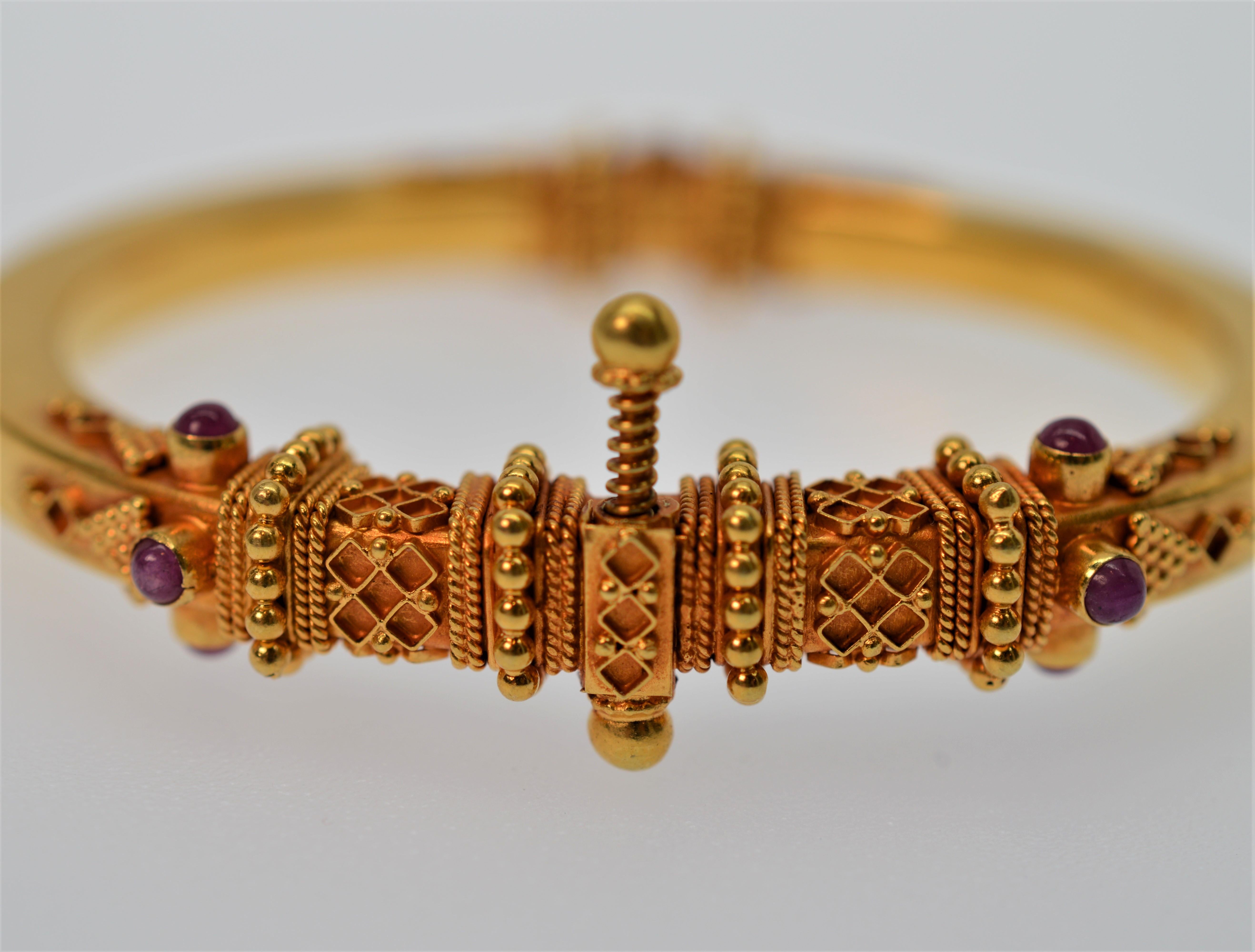 22K Yellow Gold Ornate Bangle Bracelet & Ruby Gold Pendant Necklace Set   2