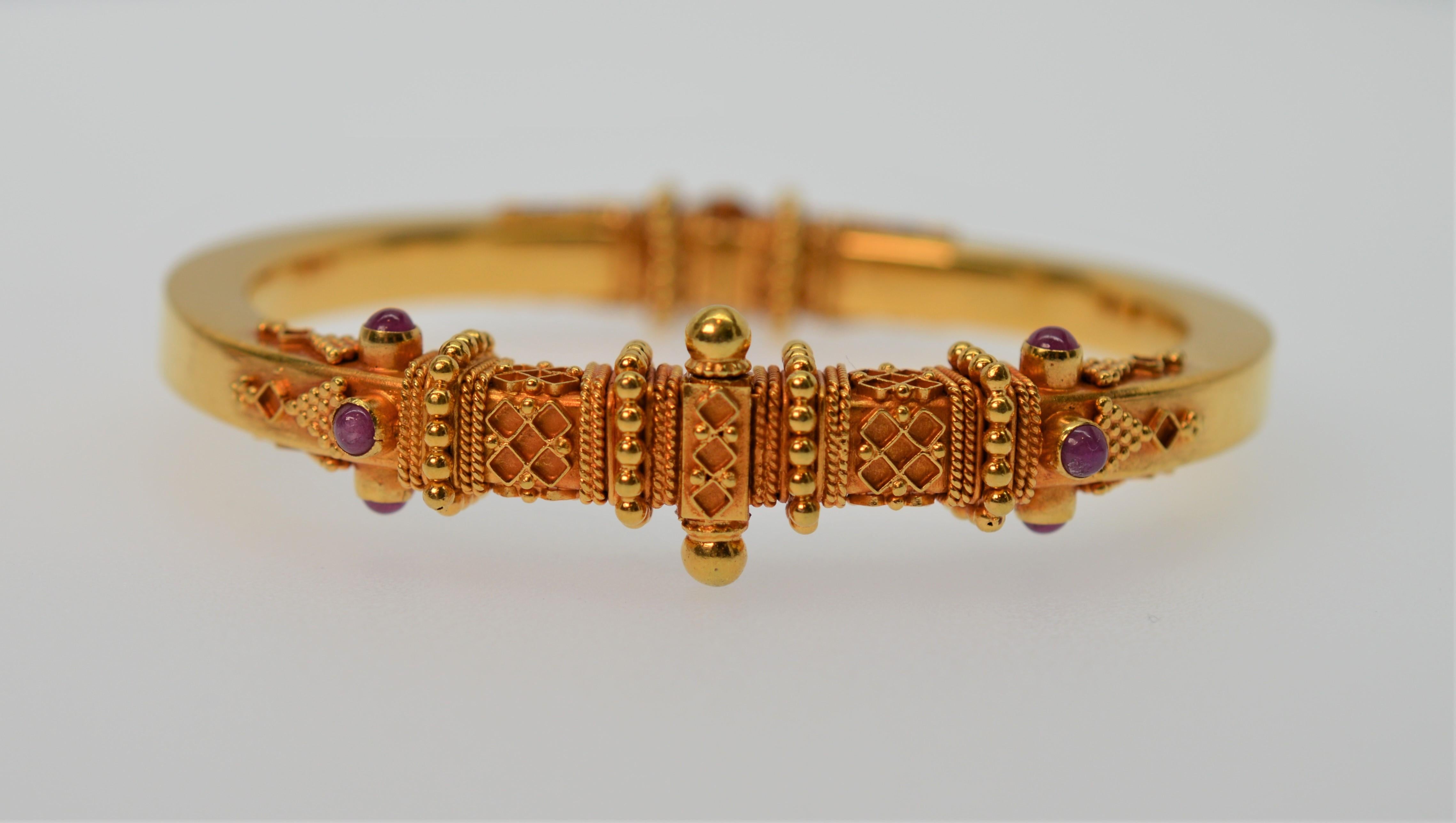 Artisan 22K Yellow Gold Ornate Bangle Bracelet & Ruby Gold Pendant Necklace Set  