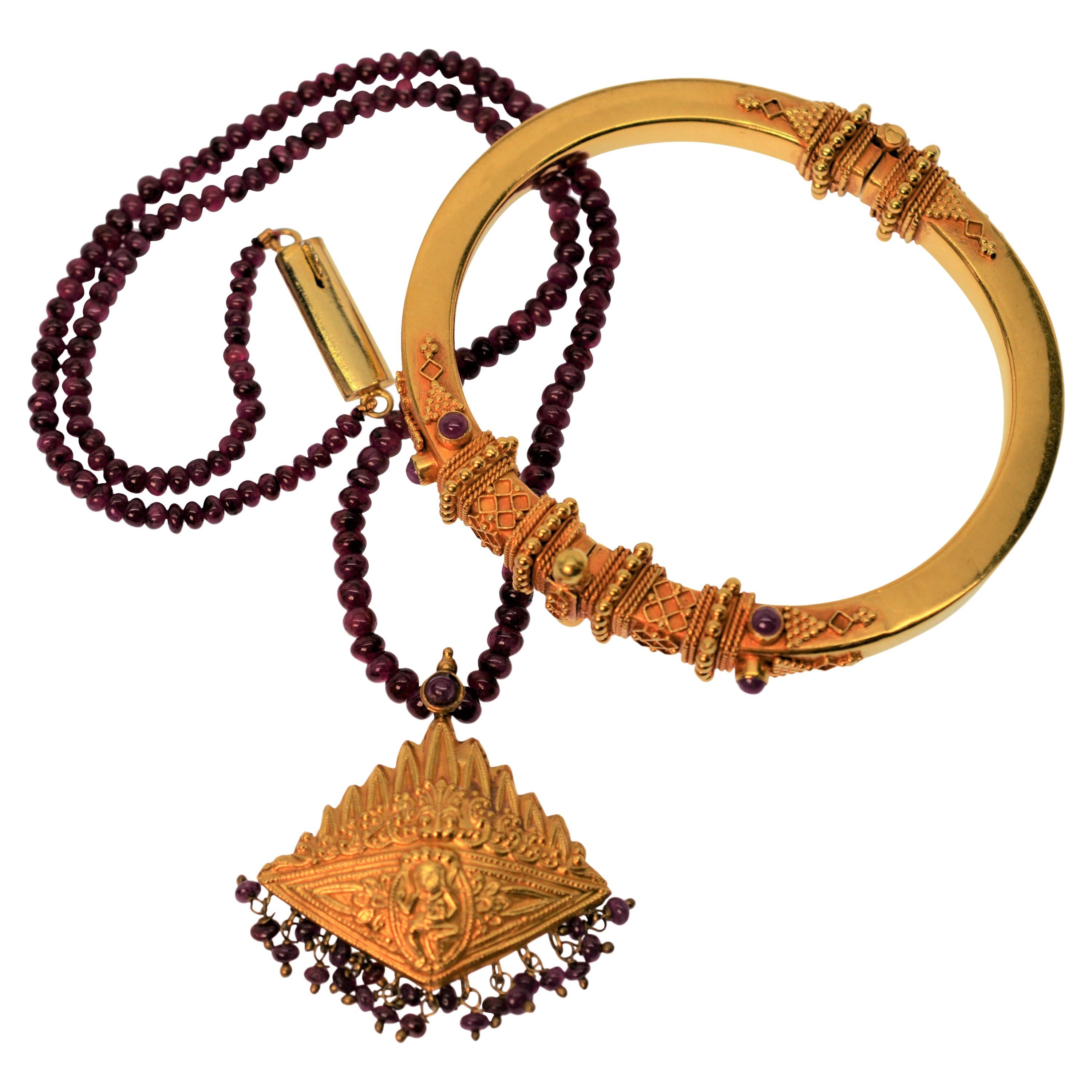 22K Yellow Gold Ornate Bangle Bracelet & Ruby Gold Pendant Necklace Set  