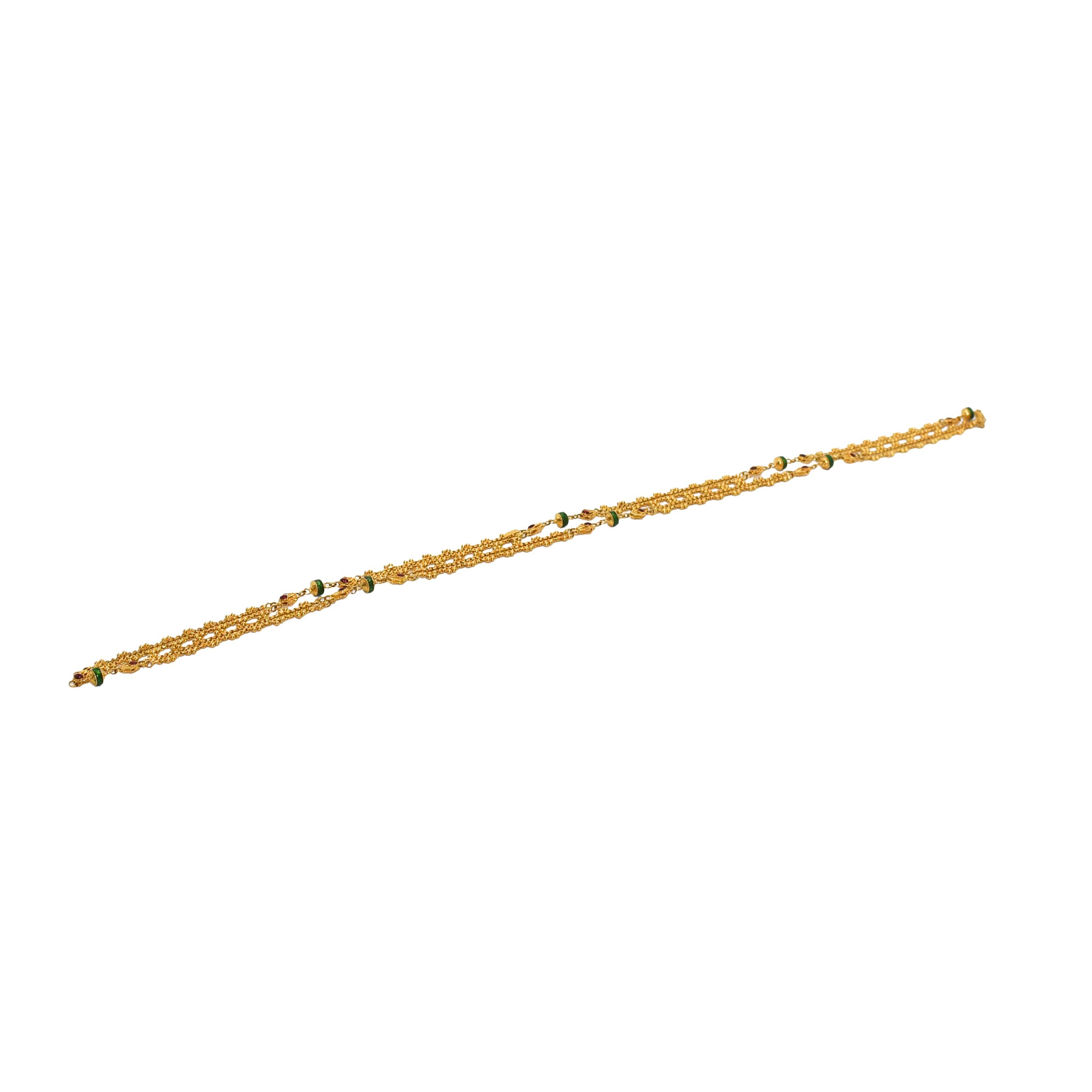 22k ornate Yellow Gold Enamel necklace.
Tests 22k, weighs 29.4gr
Length 28in, width 5.5mm