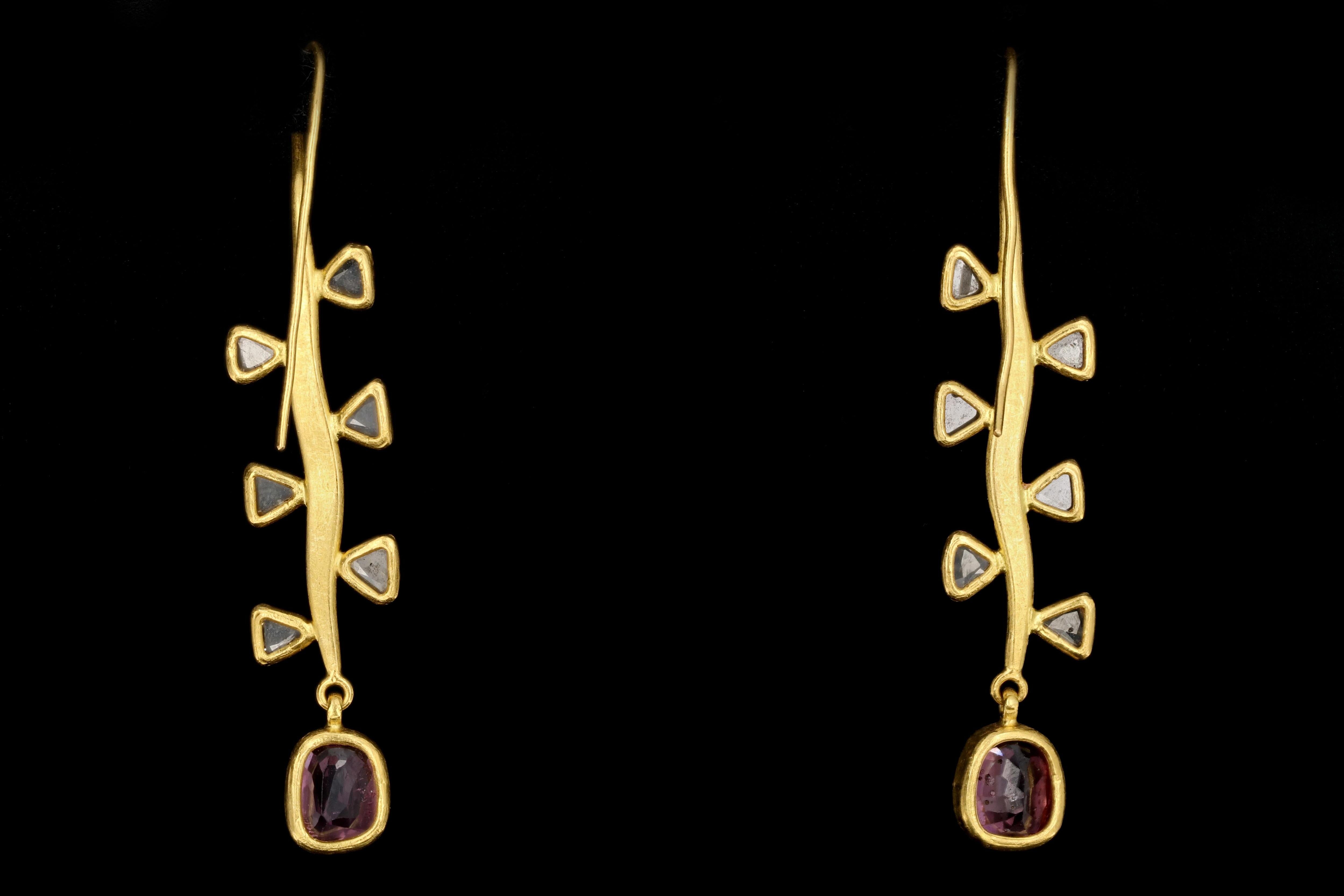 Modern 22 Karat Yellow Gold Pink Spinel and Trillion Rose Cut Diamond Earrings