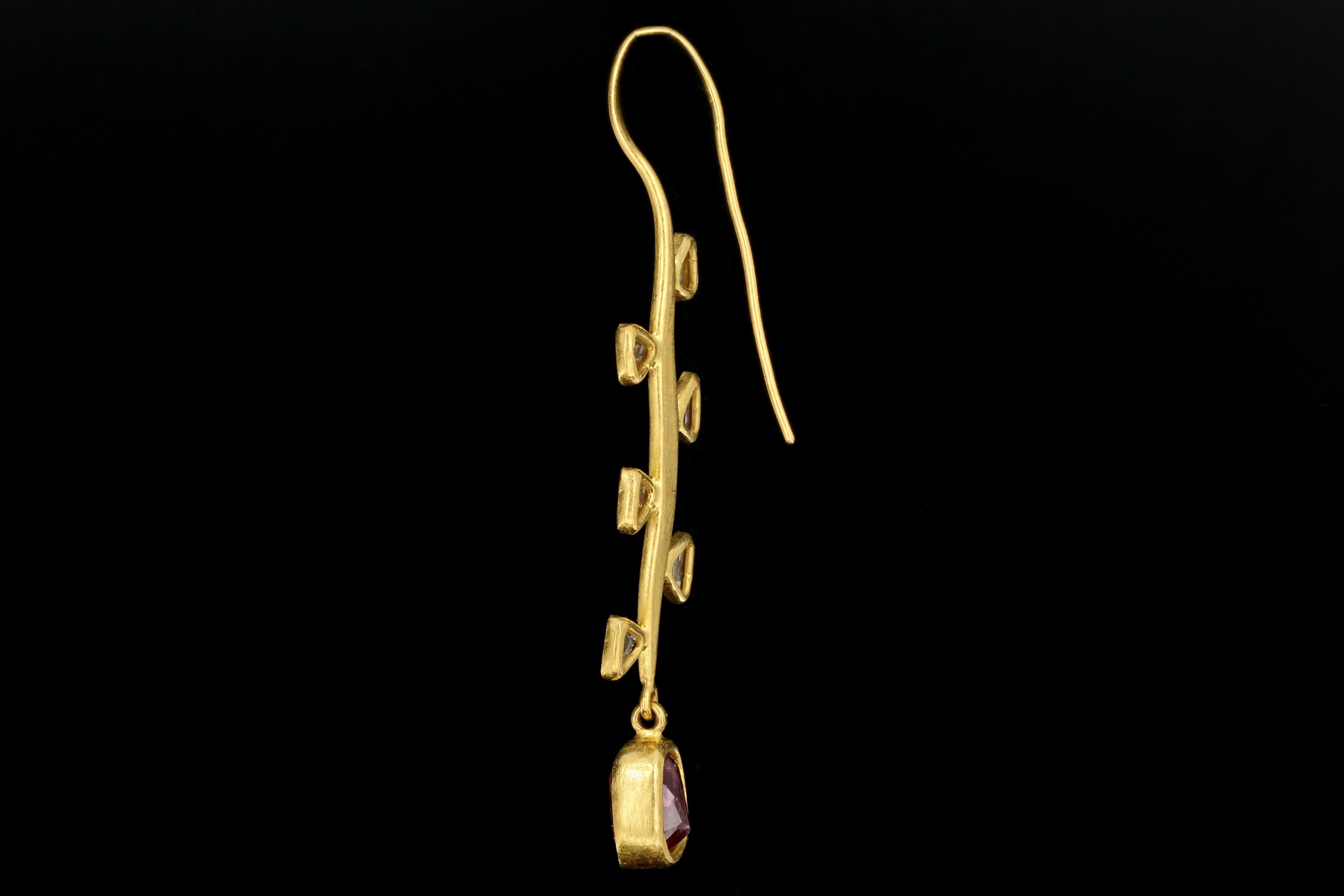Trillion Cut 22 Karat Yellow Gold Pink Spinel and Trillion Rose Cut Diamond Earrings