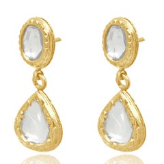 22K Yellow Gold Polki Diamond and Blue Enamel Meenakari Drop Earrings