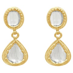 22K Yellow Gold Polki Diamond and Blue Enamel Meenakari Drop Earrings