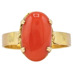 22K Yellow Gold Ring w/ 2.58ct Natural Coral – Oval Cabochon, Size 6.75