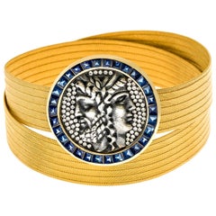 22K Gold Roman Coin Wicker Bracelet with 4.35 Carat Sapphire, 0.80 Carat Diamond