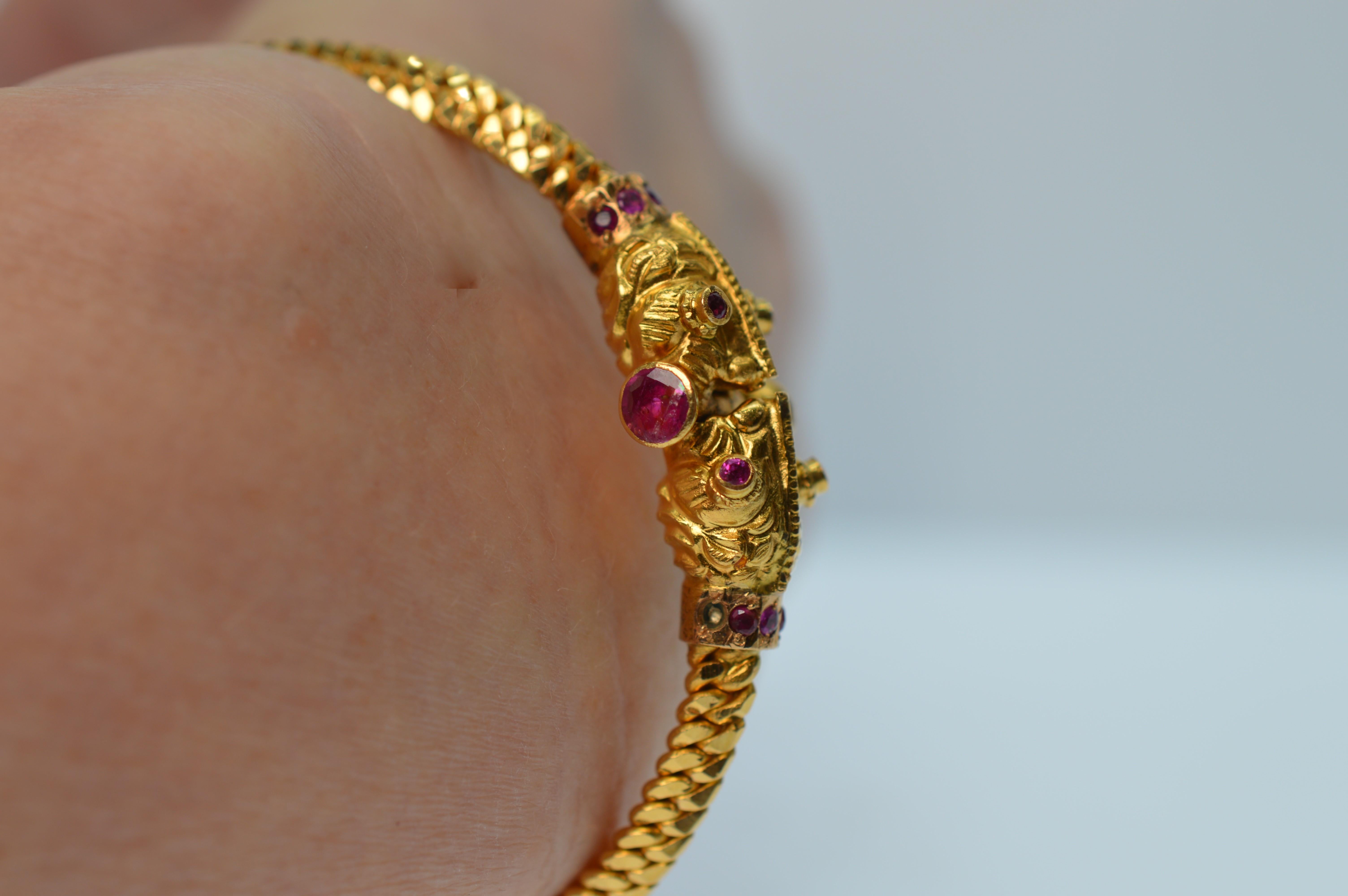 Artisan  Ruby Serpent 22 Karat Yellow Gold Bangle Bracelet