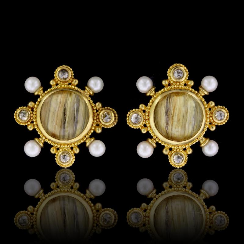22K Yellow Gold Rutilated Quartz,  Cultured Pearl and Diamond Earrings. The earrings are
bezel set with two cabochon rutilated quartz each measuring 14.00mm., eight
cultured pearls, and eight rose cut diamonds, diameter 1