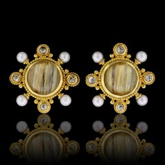 22 Karat Yellow Gold Rutilated Quartz, Cultured Pearl and Diamond Earrings