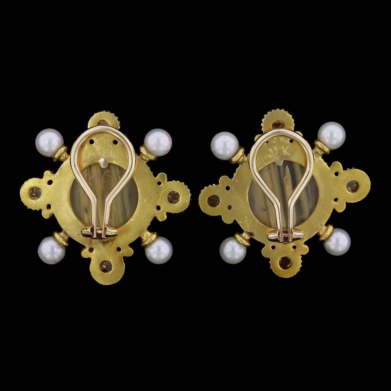Rose Cut 22 Karat Yellow Gold Rutilated Quartz, Cultured Pearl and Diamond Earrings For Sale