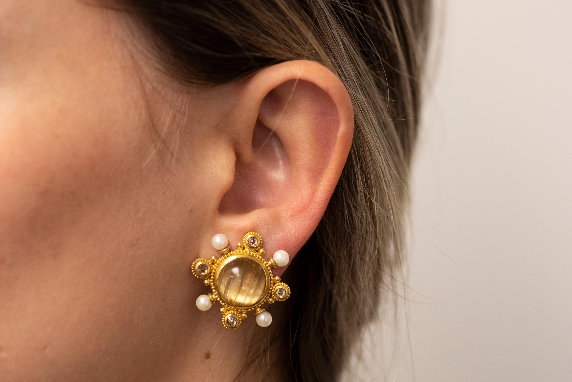 Women's or Men's 22 Karat Yellow Gold Rutilated Quartz, Cultured Pearl and Diamond Earrings For Sale