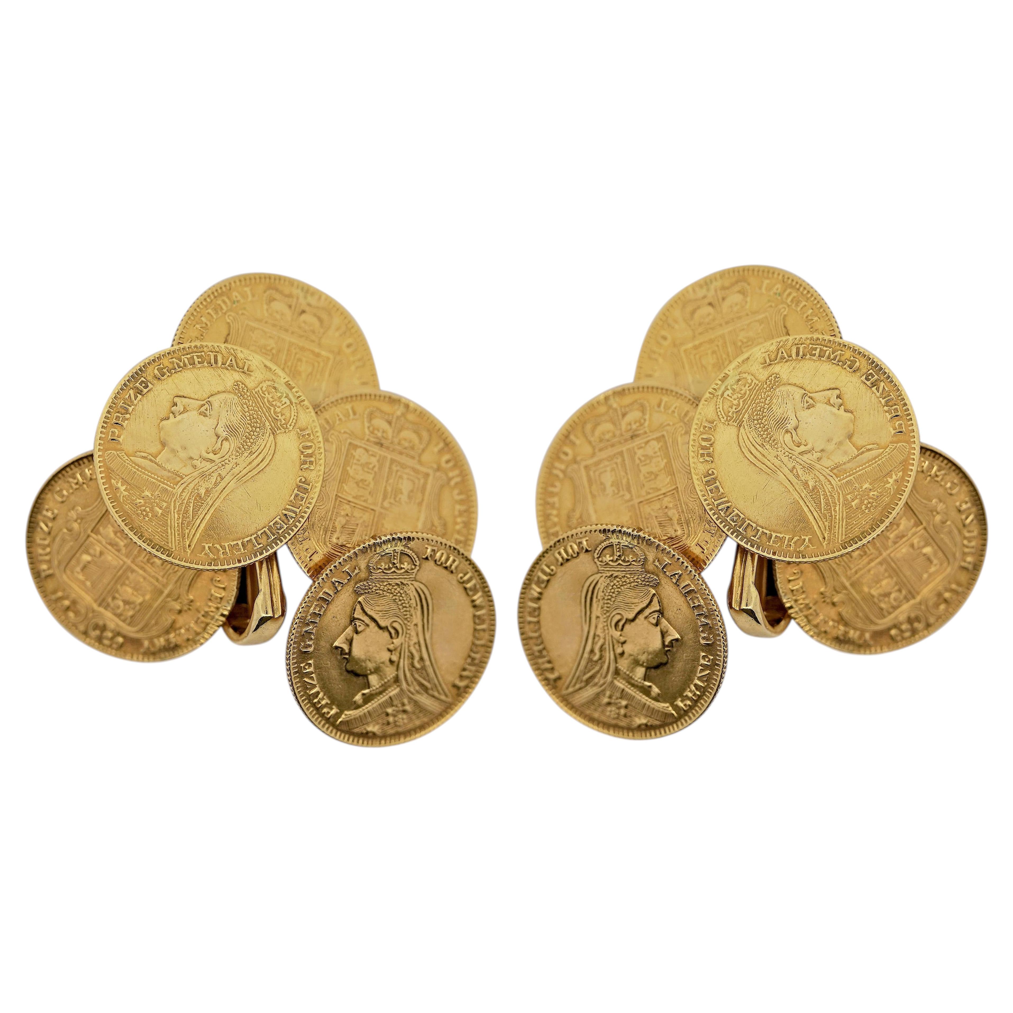 Pendientes llamativos de oro amarillo de 22 quilates, estilo victoriano, con diseño de racimo de monedas y cierre de palanca