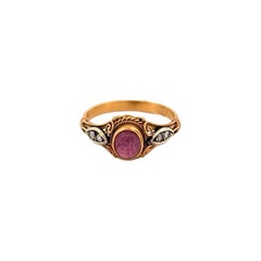 22K Yellow Gold With platinum Top Cabachon Ruby 
Diamond Ring