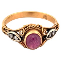 22K Yellow Gold With platinum Top Cabachon Ruby & Diamond Ring