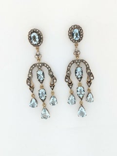 22 Karat Yellow and White Gold Aquamarine Diamond Chandelier Earrings