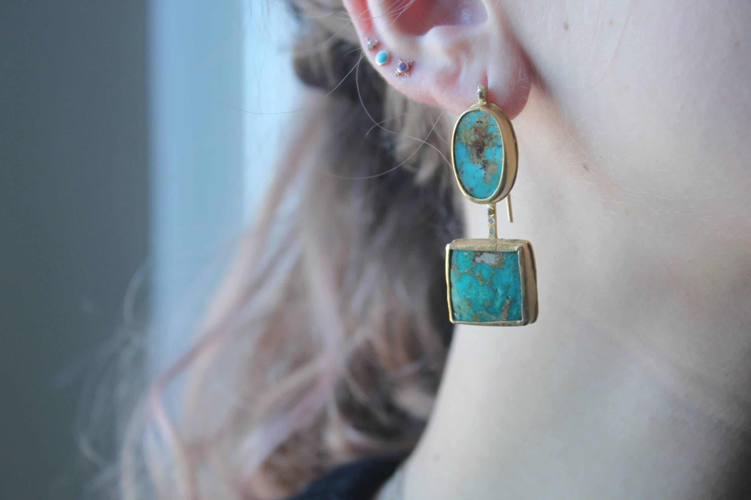22Karat-21Karat Gold Persian Turquoise and Diamond Earrings Handmade Jewelry 11