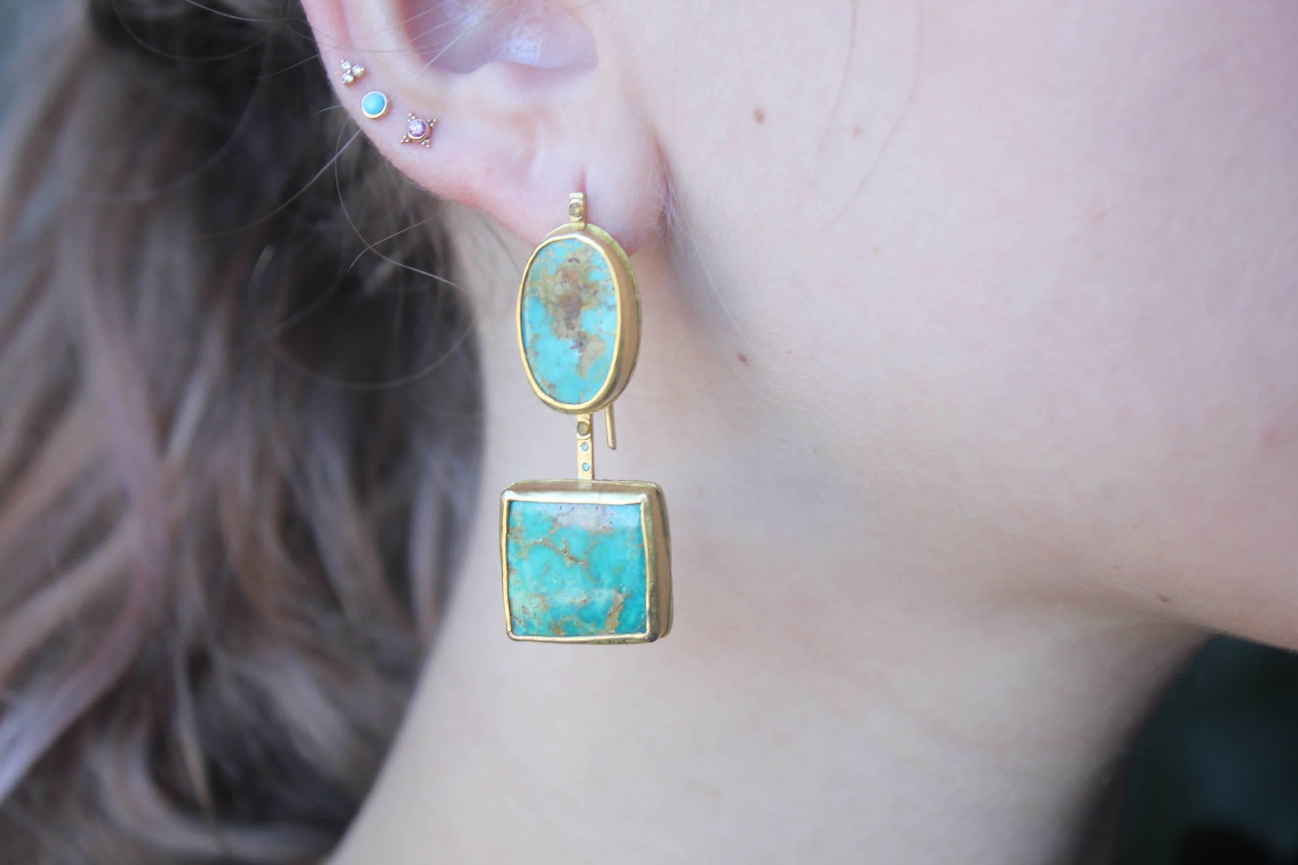 22Karat-21Karat Gold Persian Turquoise and Diamond Earrings Handmade Jewelry 12
