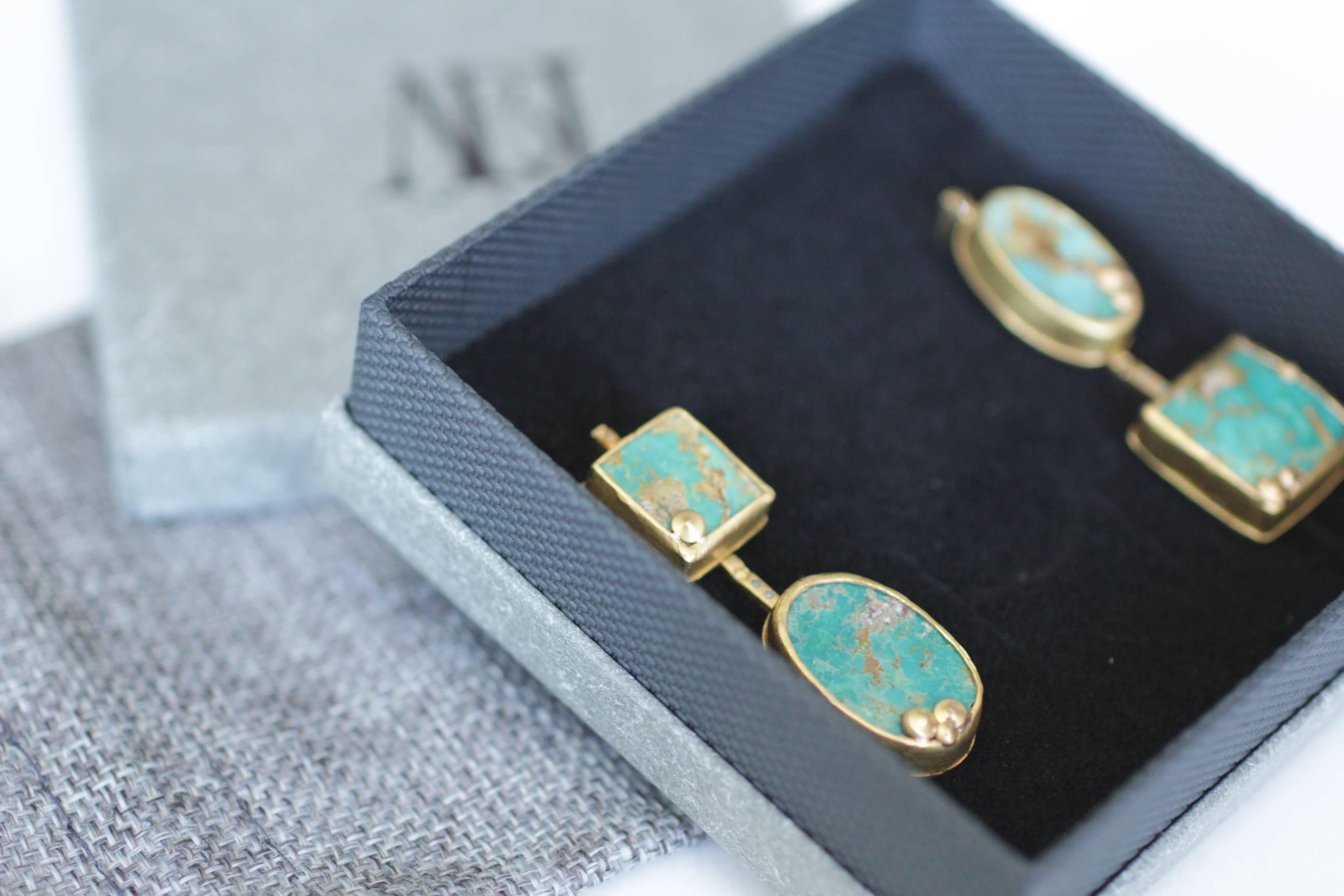 22Karat-21Karat Gold Persian Turquoise and Diamond Earrings Handmade Jewelry 13