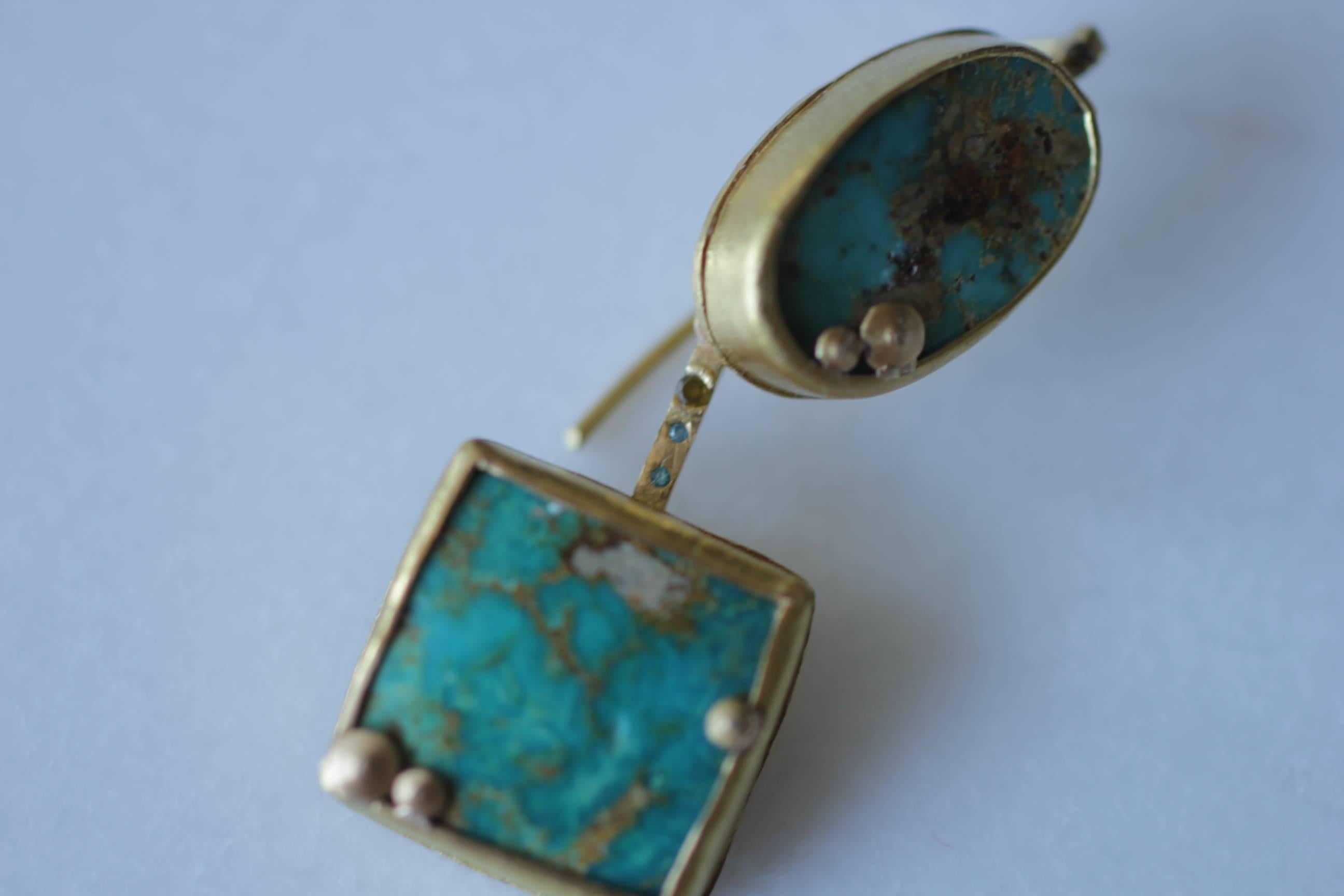 22Karat-21Karat Gold Persian Turquoise and Diamond Earrings Handmade Jewelry 1