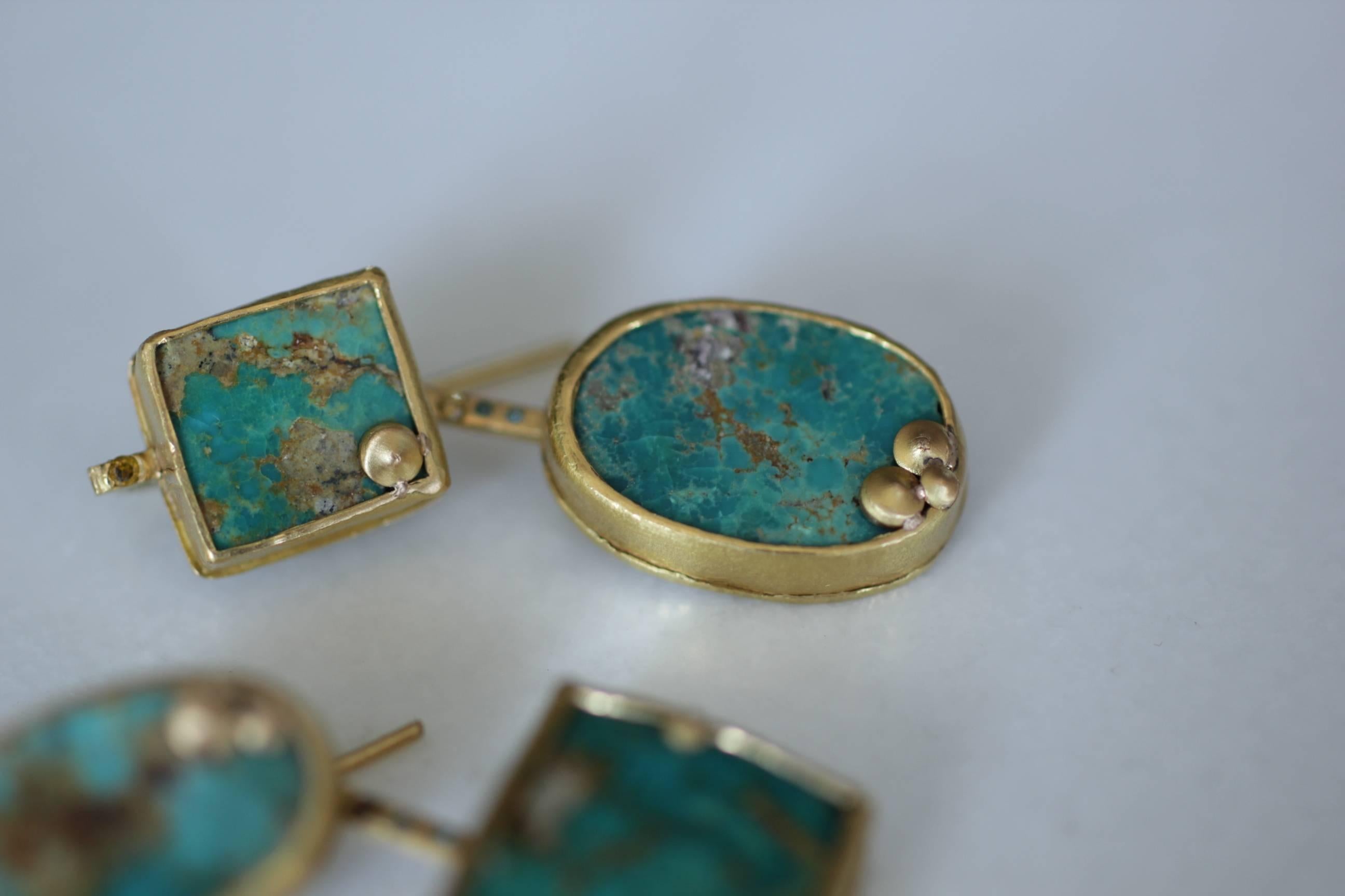22Karat-21Karat Gold Persian Turquoise and Diamond Earrings Handmade Jewelry 2