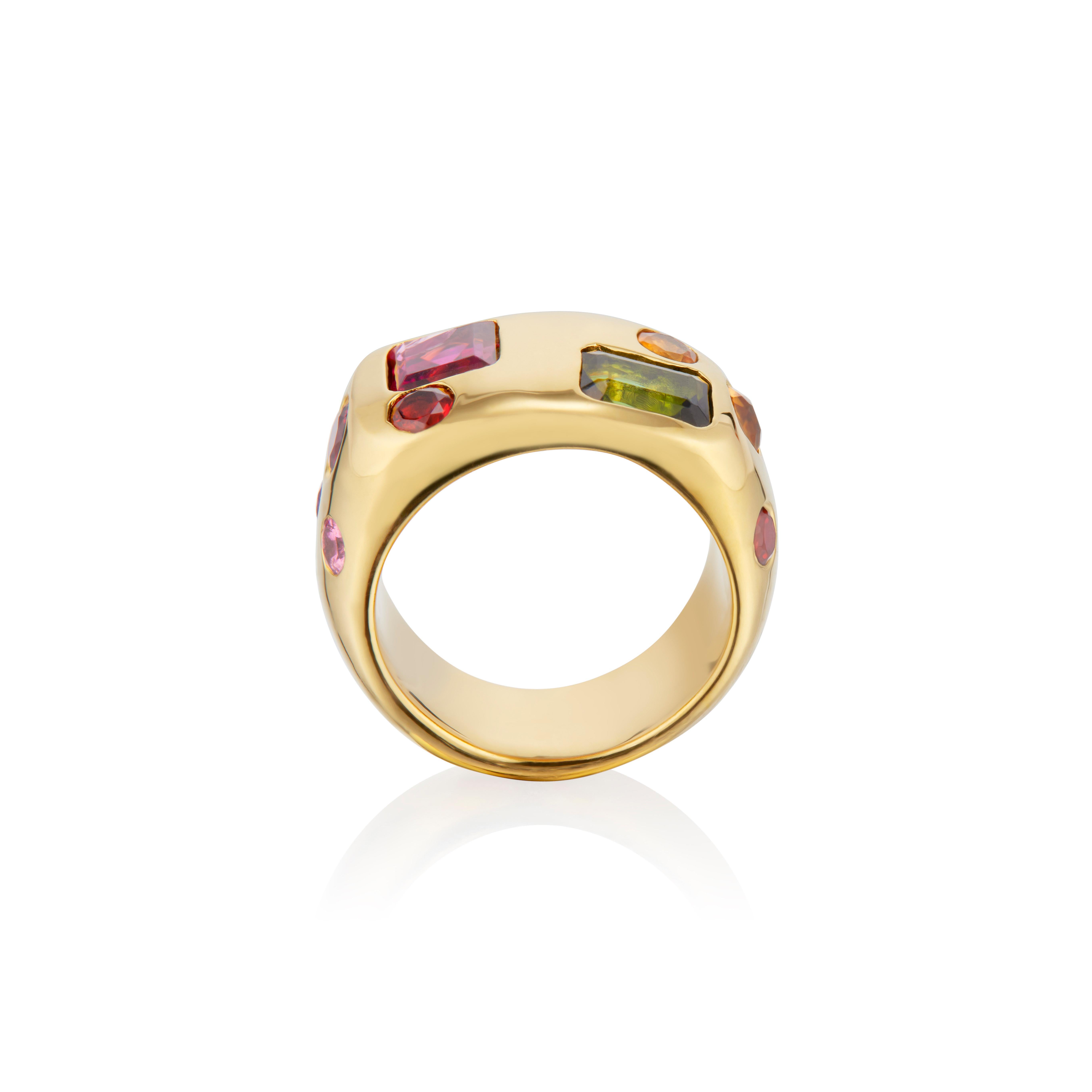 The faceted Semi-Precious version of our signature Mosaic Inlay Signet Ring, this powerful ring is filled with healing properties coming from each stone and is so aesthetically pleasing. 

Stones are as follows: Green Tourmaline, Rhodolite, Peridot,
