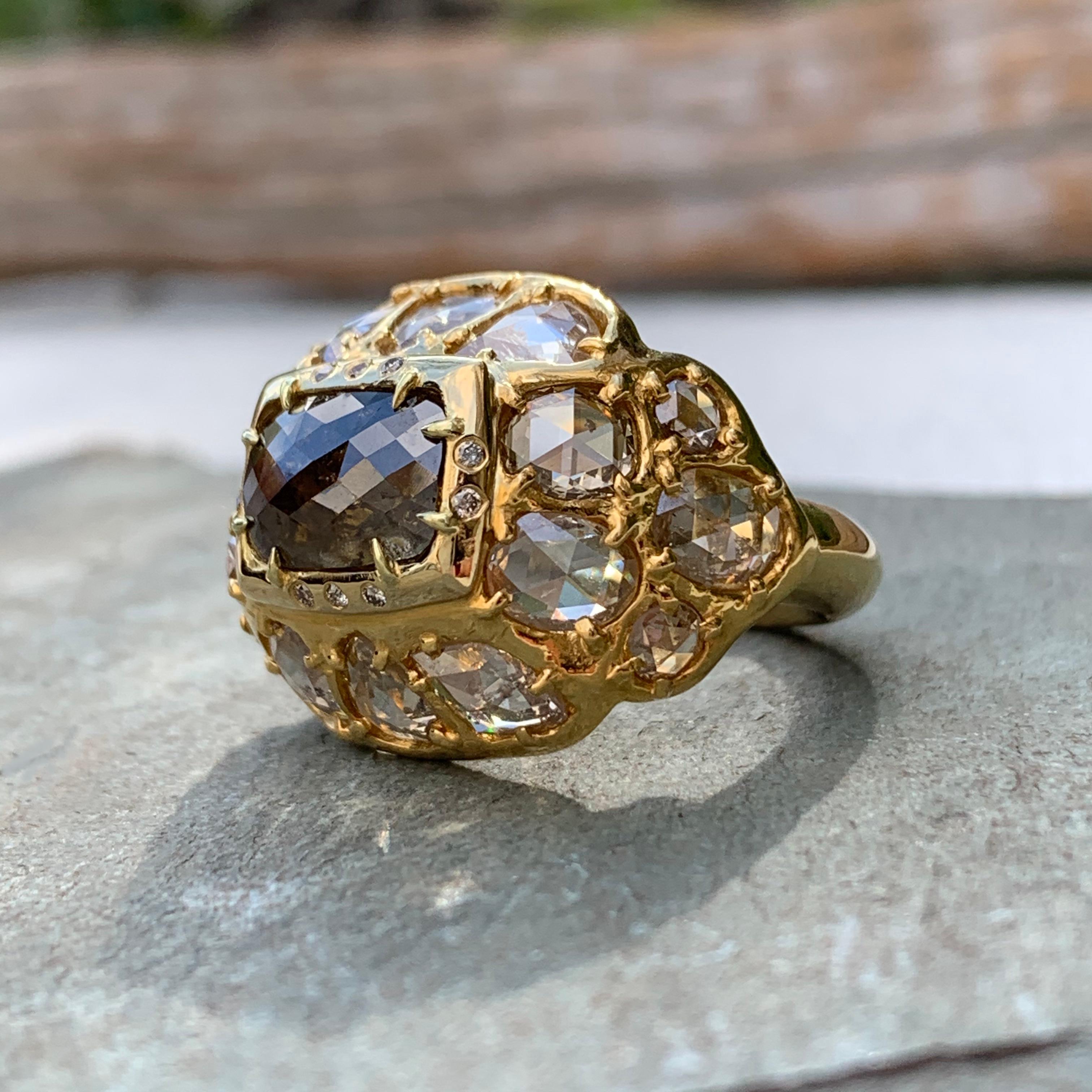 Women's or Men's 22kt and 18kt Yellow Gold Dome Ring with Chocolate and Rose Cut Diamonds For Sale