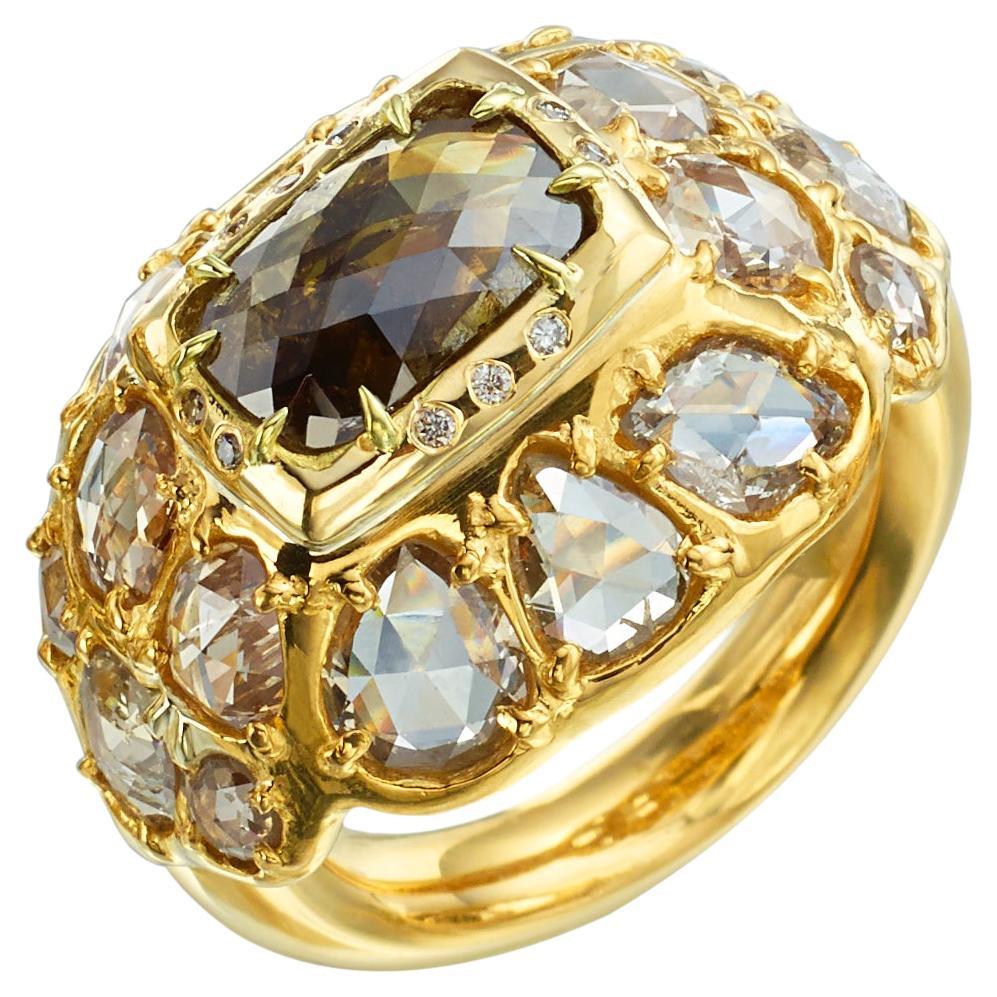22kt and 18kt Yellow Gold Dome Ring with Chocolate and Rose Cut Diamonds