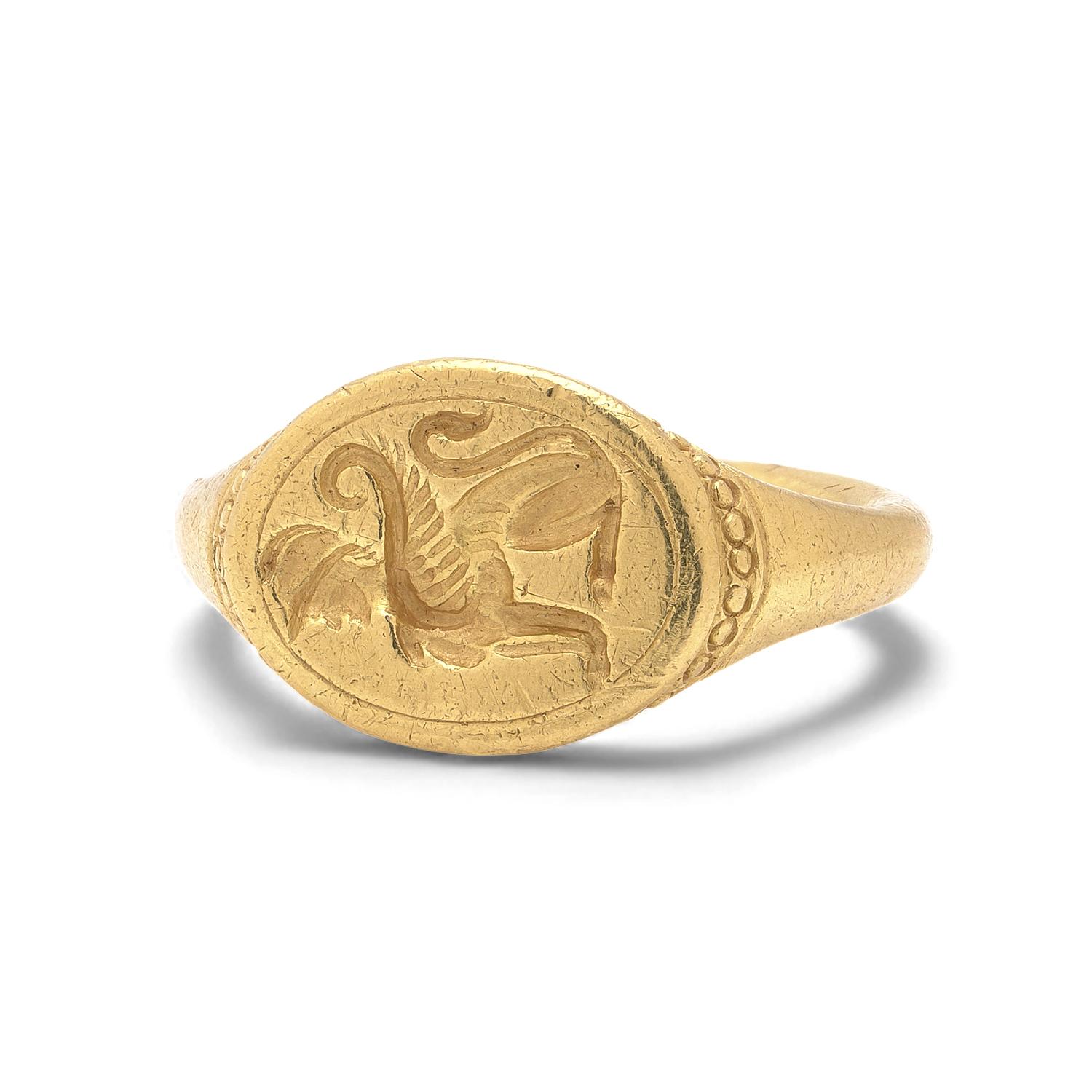 Men's 22KT Antique Gold Signet Ring with Griffon Motif, c.18th Century For Sale