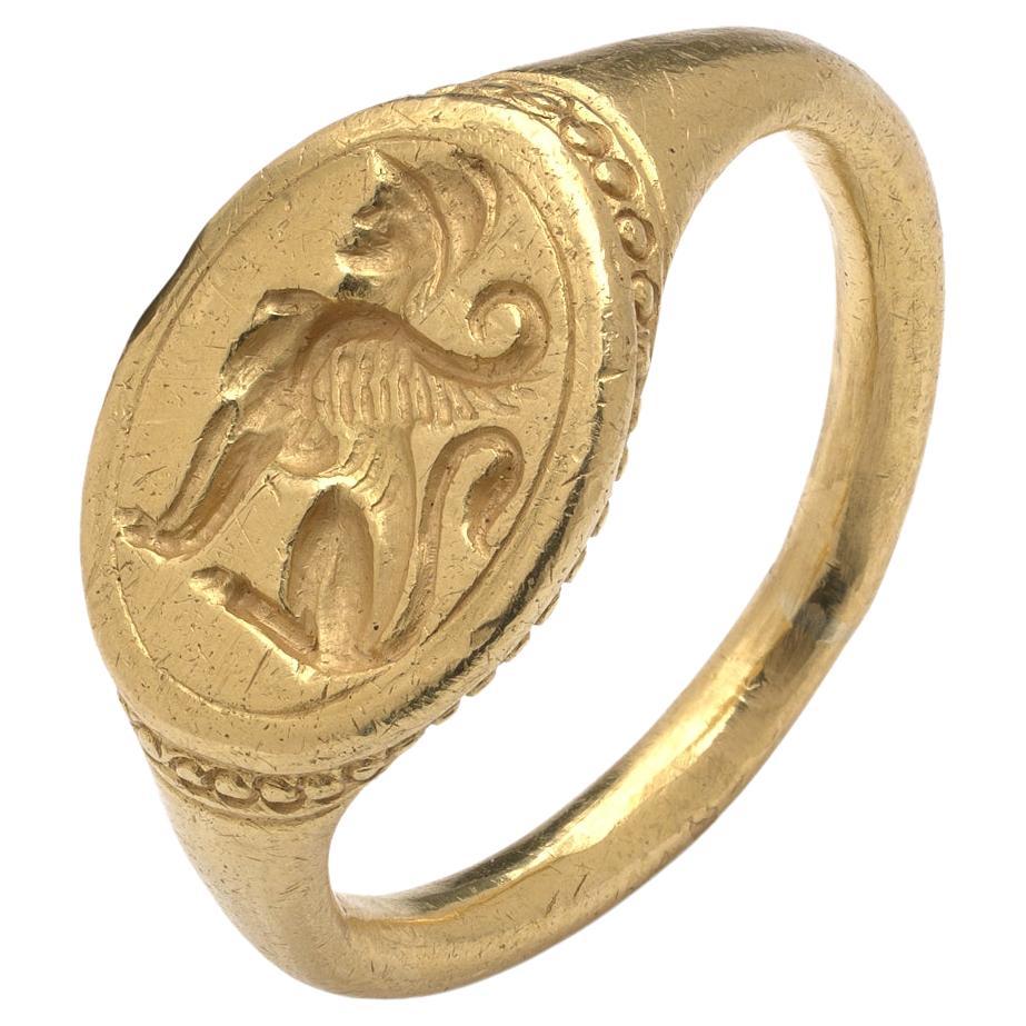 22KT Antique Gold Signet Ring with Griffon Motif, c.18th Century For Sale