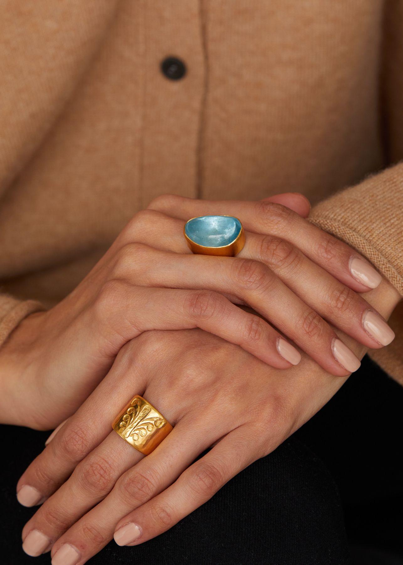 Tumbled 22kt Gold Aquamarine Tibetan Ring For Sale