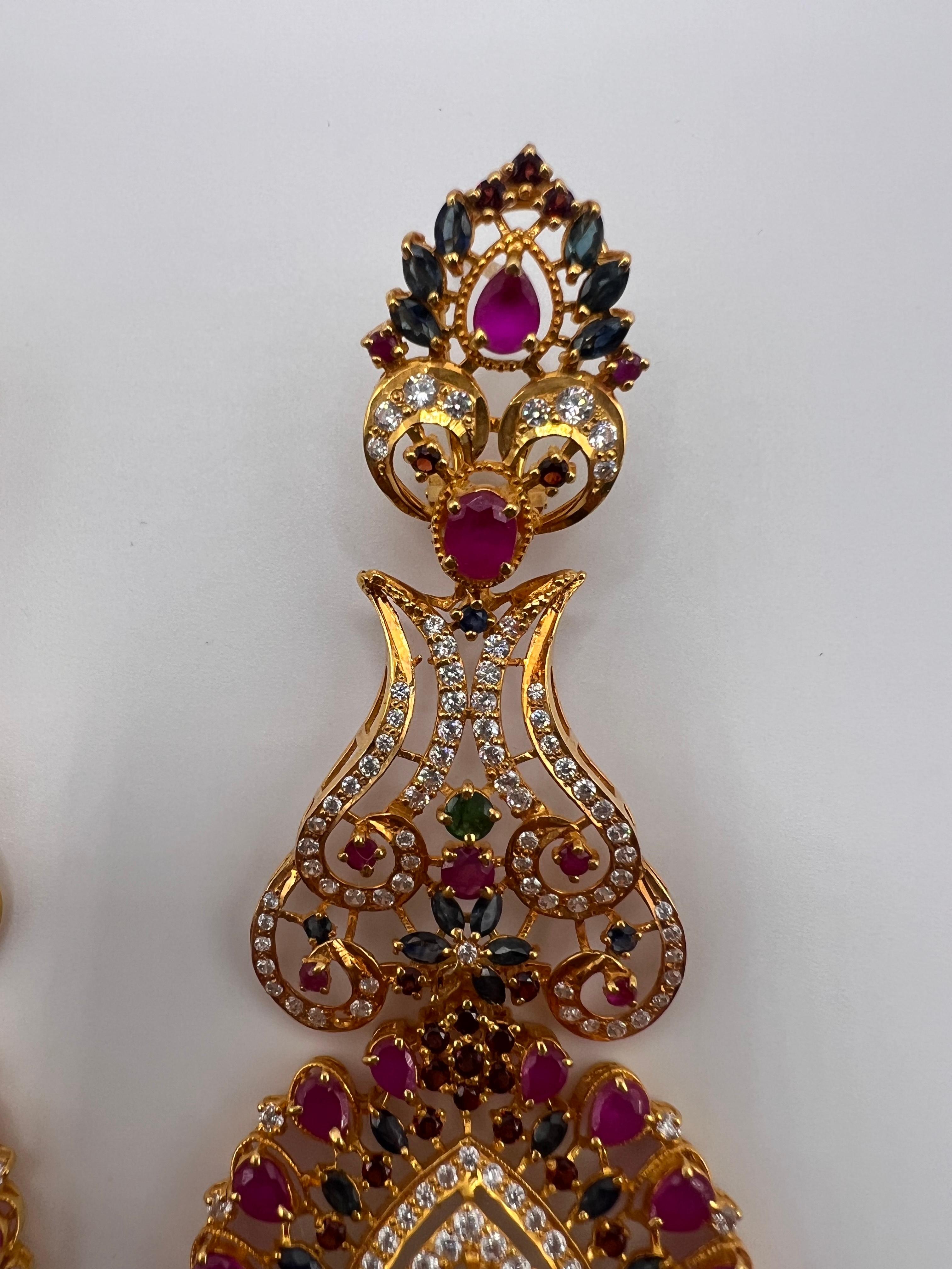 Anglo-Indian 22kt Gold, Diamond, Ruby, and Sapphire Earrings For Sale