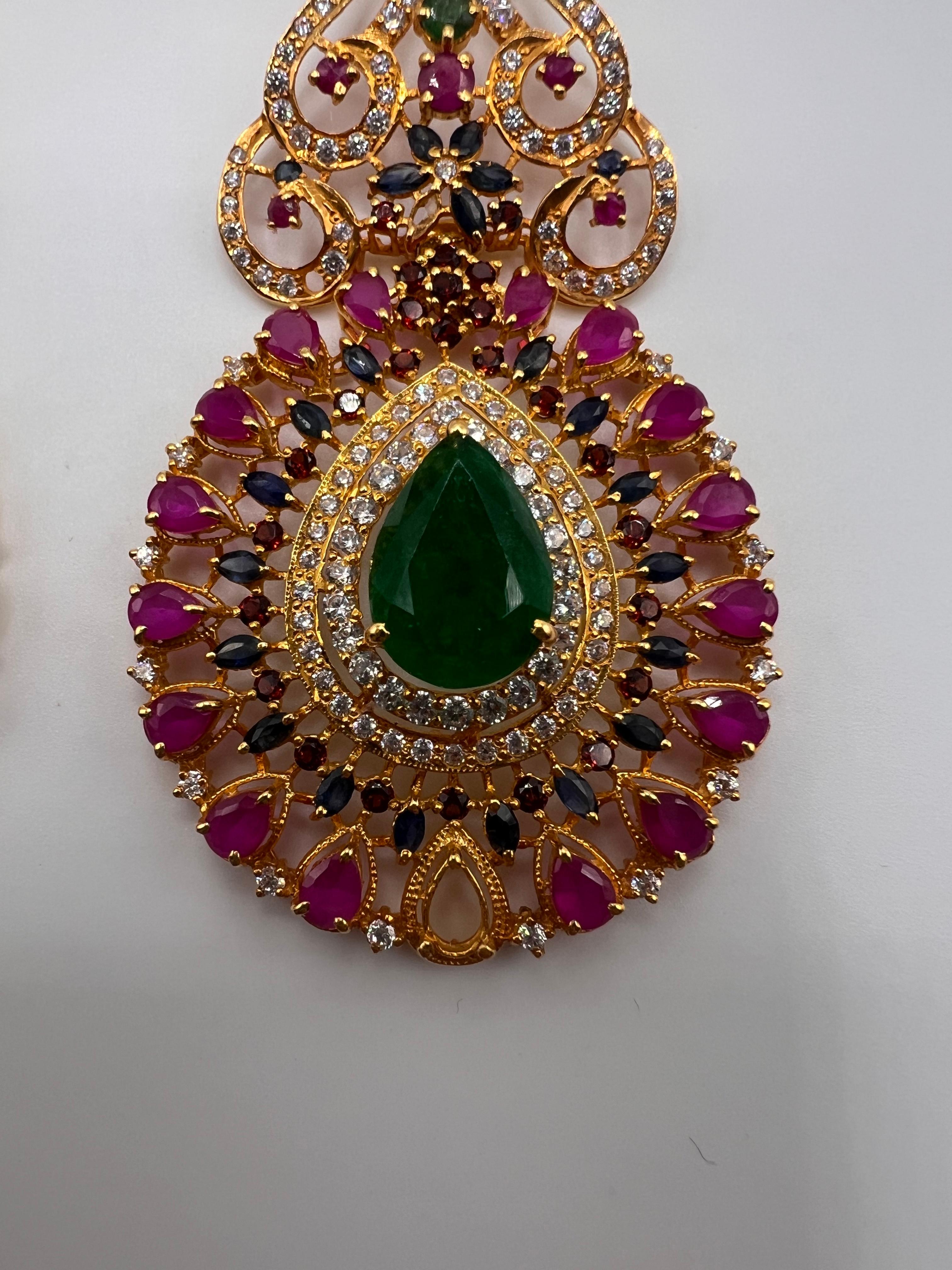 Round Cut 22kt Gold, Diamond, Ruby, and Sapphire Earrings For Sale