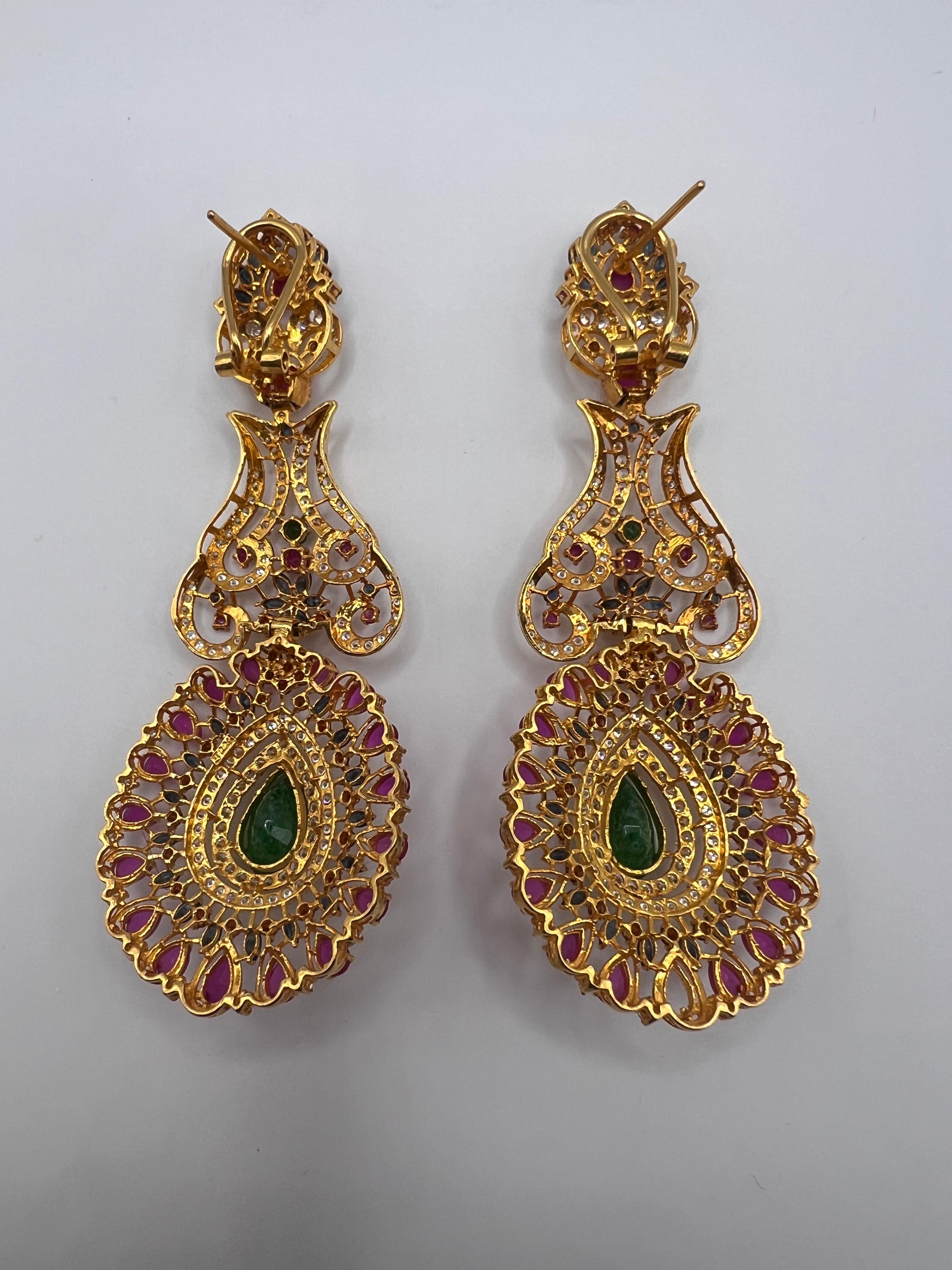 22kt Gold, Diamond, Ruby, and Sapphire Earrings In Excellent Condition For Sale In New York, NY