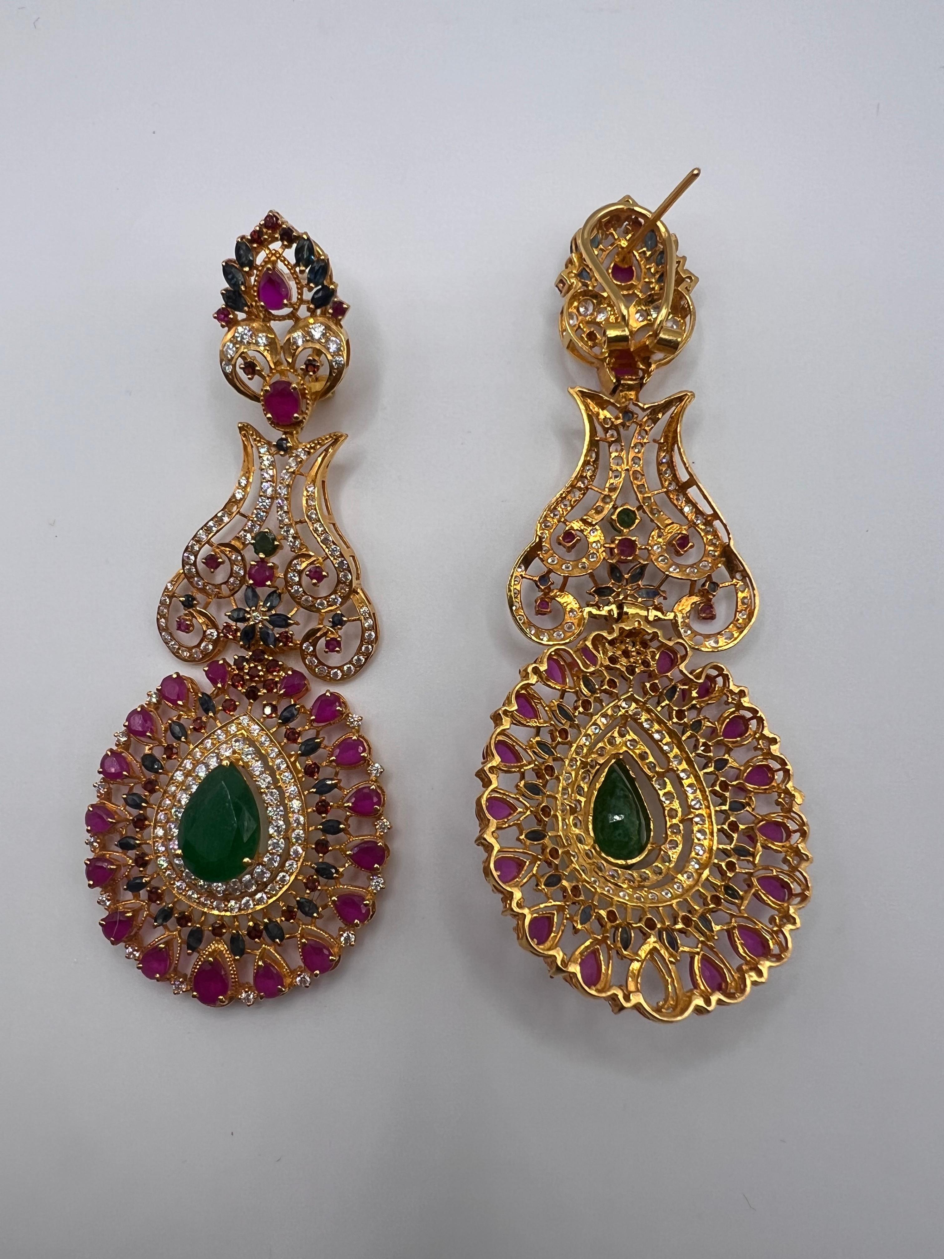 Women's 22kt Gold, Diamond, Ruby, and Sapphire Earrings For Sale