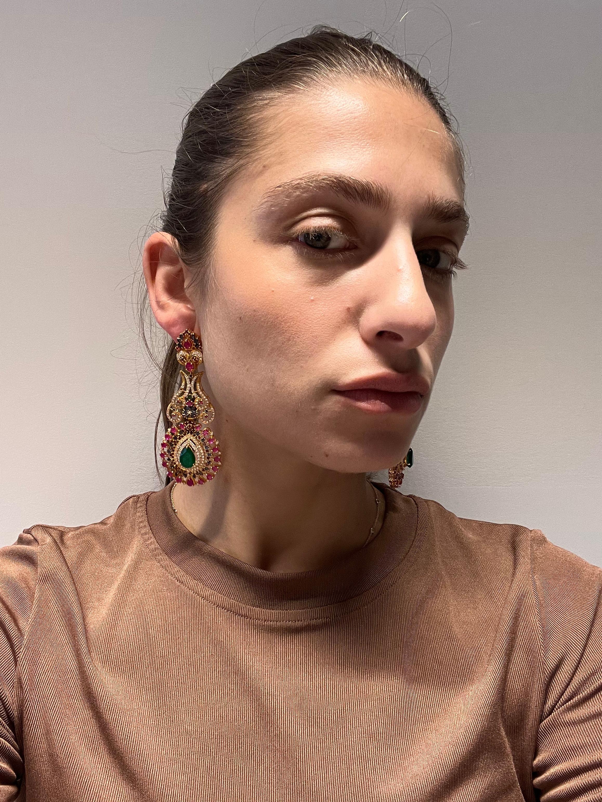 22kt Gold, Diamond, Ruby, and Sapphire Earrings For Sale 1