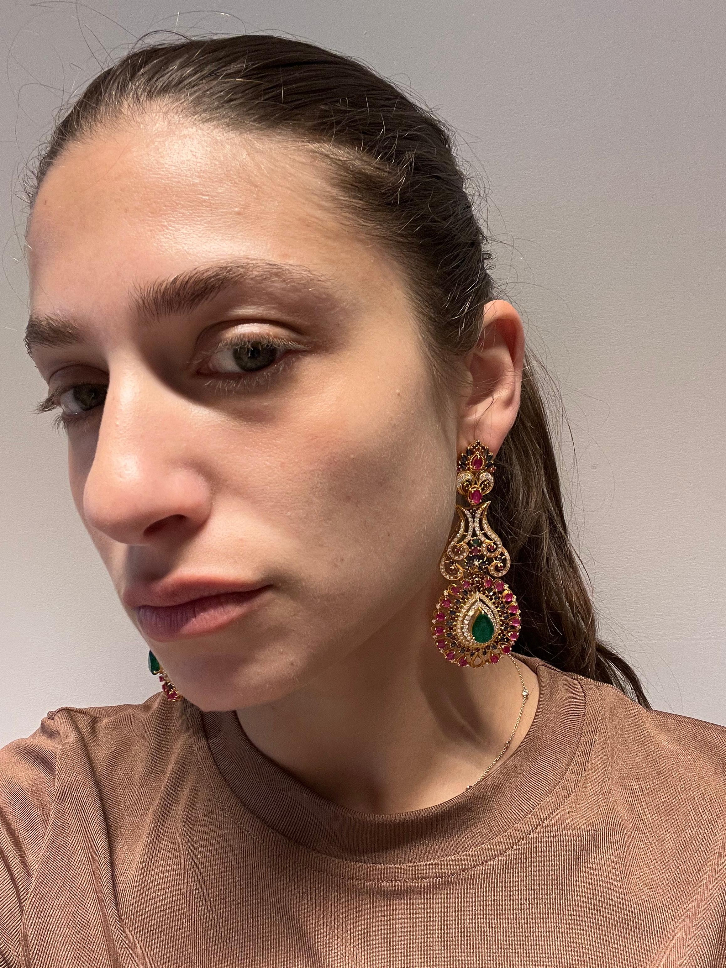 22kt Gold, Diamond, Ruby, and Sapphire Earrings For Sale 2