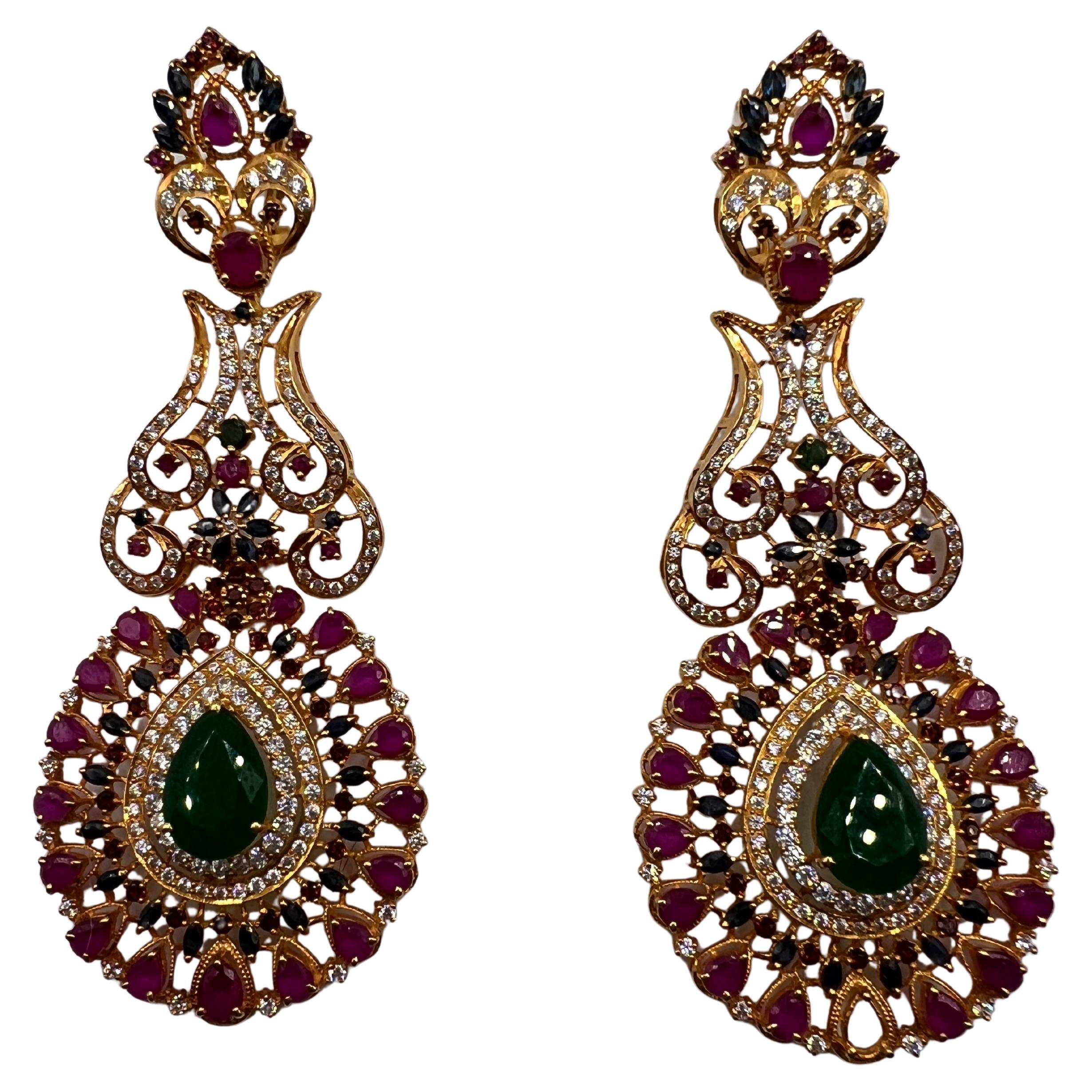 22kt Gold, Diamond, Ruby, and Sapphire Earrings For Sale