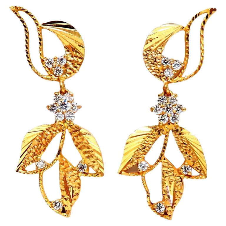 22kt Gold Diamonds Dangle Floral Patina Earrings For Sale