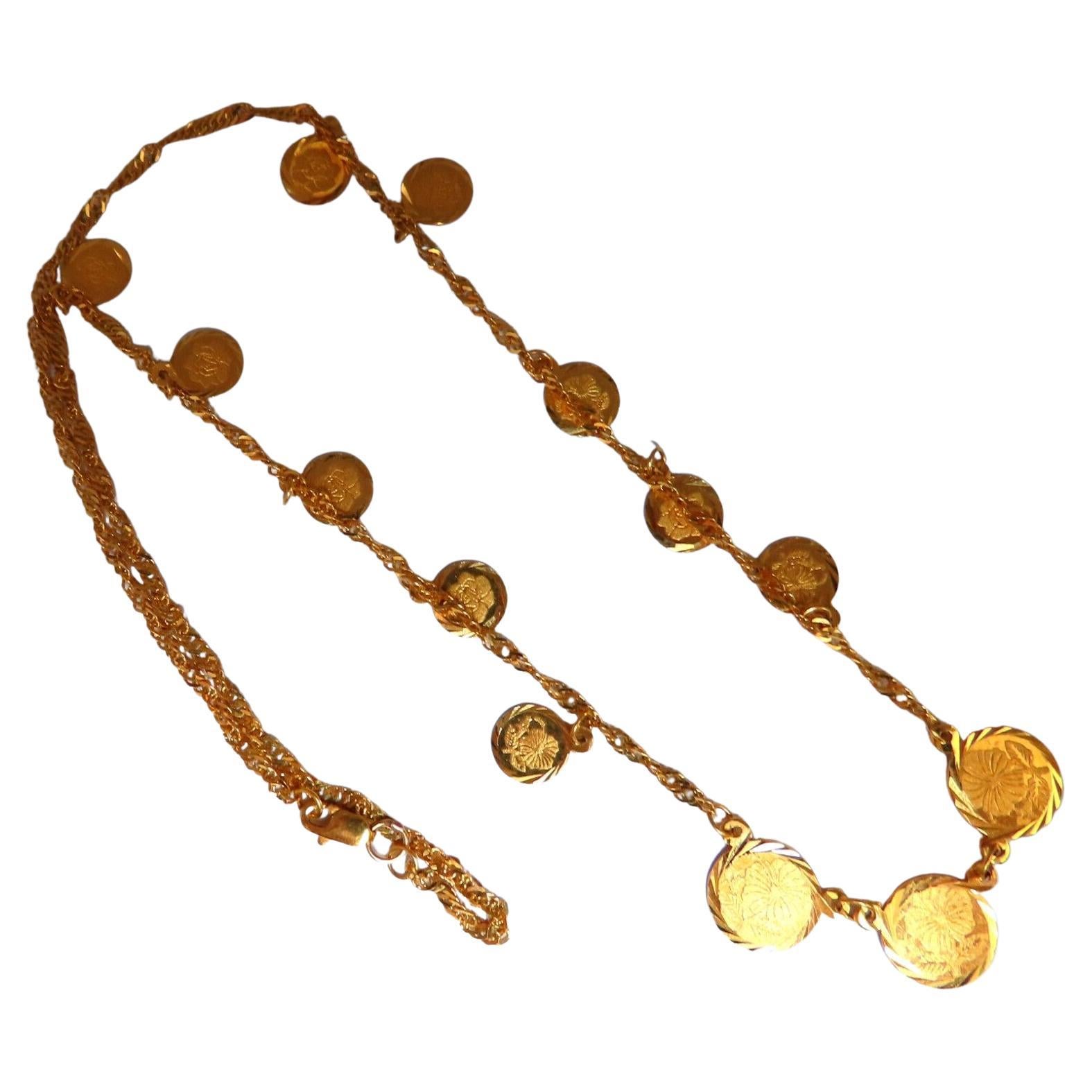 22 Karat Gold Flower Motif Dangling Disc Necklace For Sale